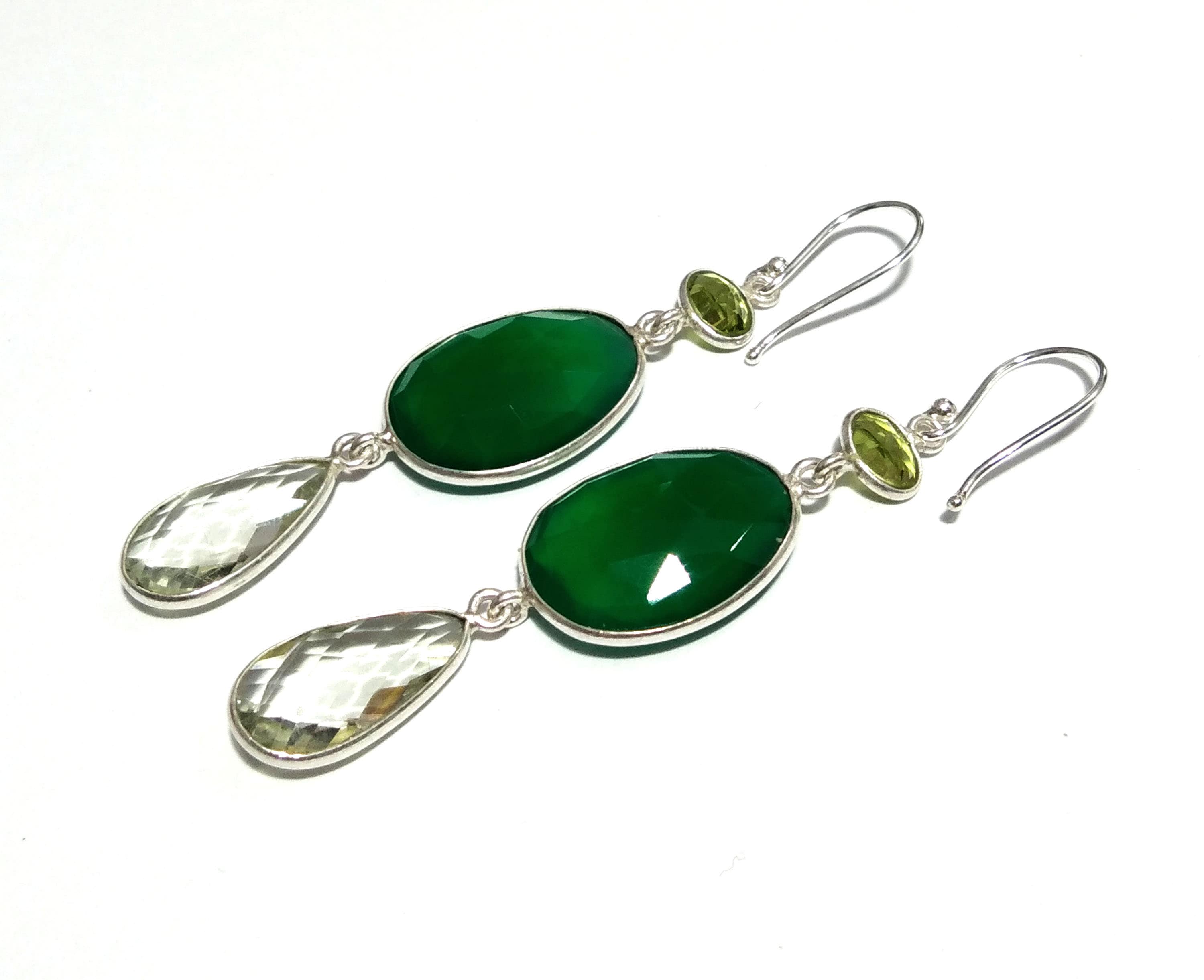 Natural Green Onyx, Amethyst, Peridot Stone Drop Earring, 925 Solid Starling Silver Earring, Onyx, Amethyst Gemstone Gift Wedding Earring