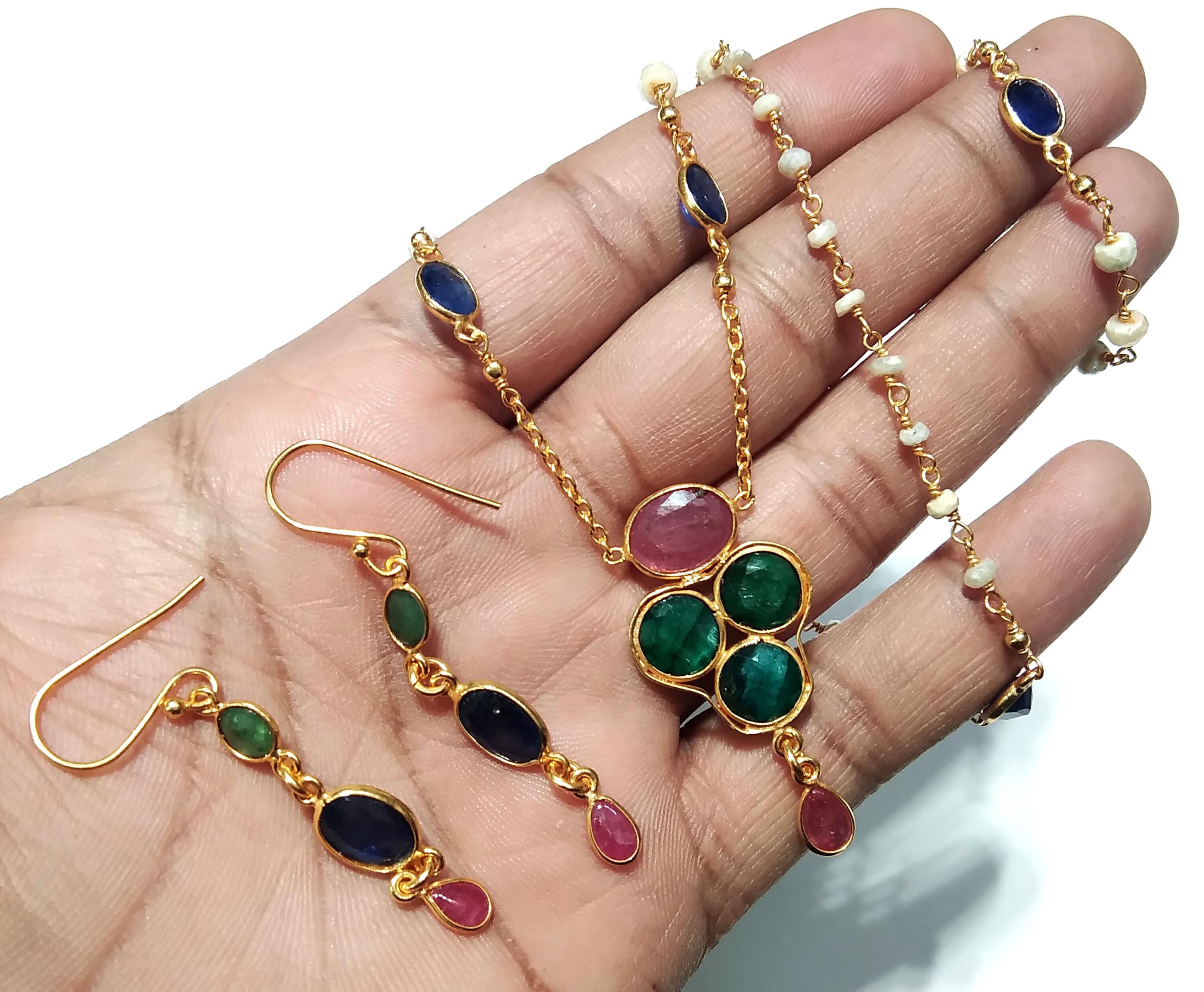 Natural Emerald/Red Ruby/Tanzanite Gemstone Necklace Earring Jewelry Set, 925 Sterling Silver With Gold Plated Necklace Beads Necklace Set