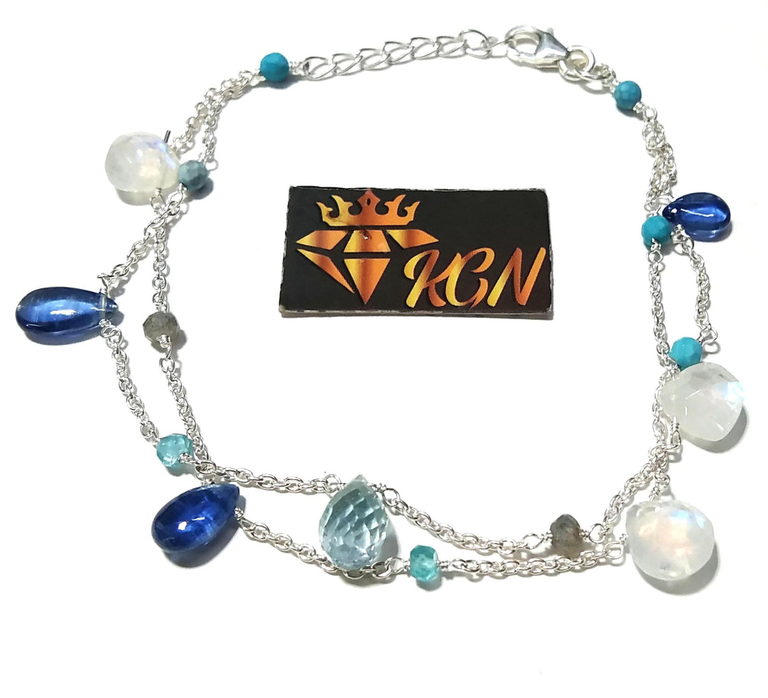 Blue Kyanite/Moonstone Bracelet, 925 Solid Sterling Silver Bracelet, Natural Rainbow Moonstone Adjustable Bracelet, 8 inches Gift Bracelet