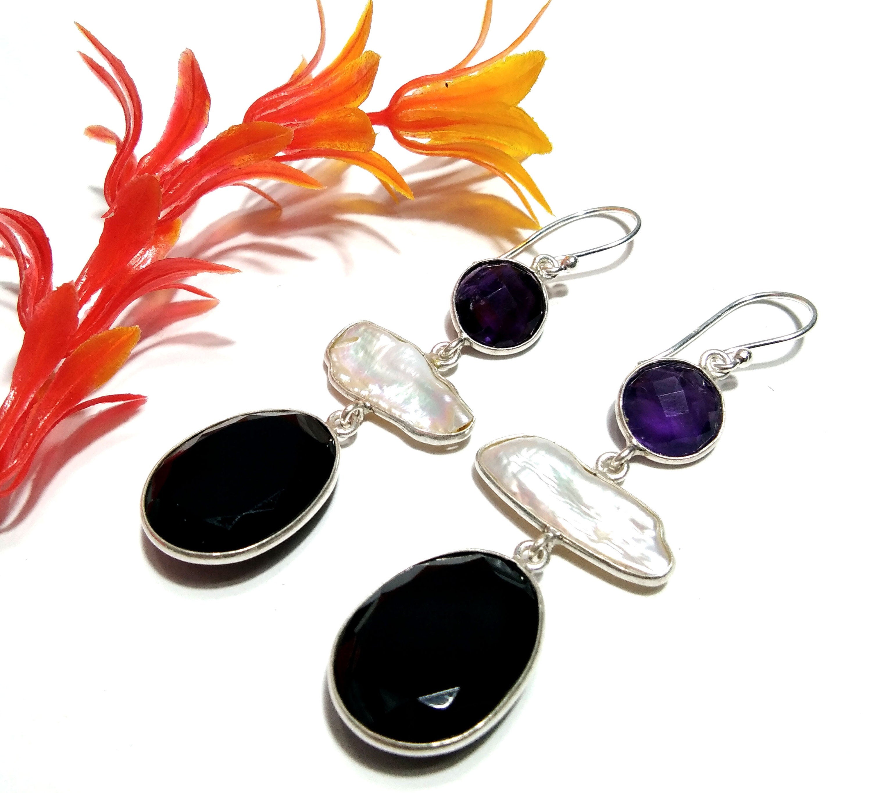 Natural Fresh Water Baroque Pearl/Black Onyx/Amethyst Drop Earring, 925 Solid Starling Silver Earring, White Pearl Gemstone Gift Earring