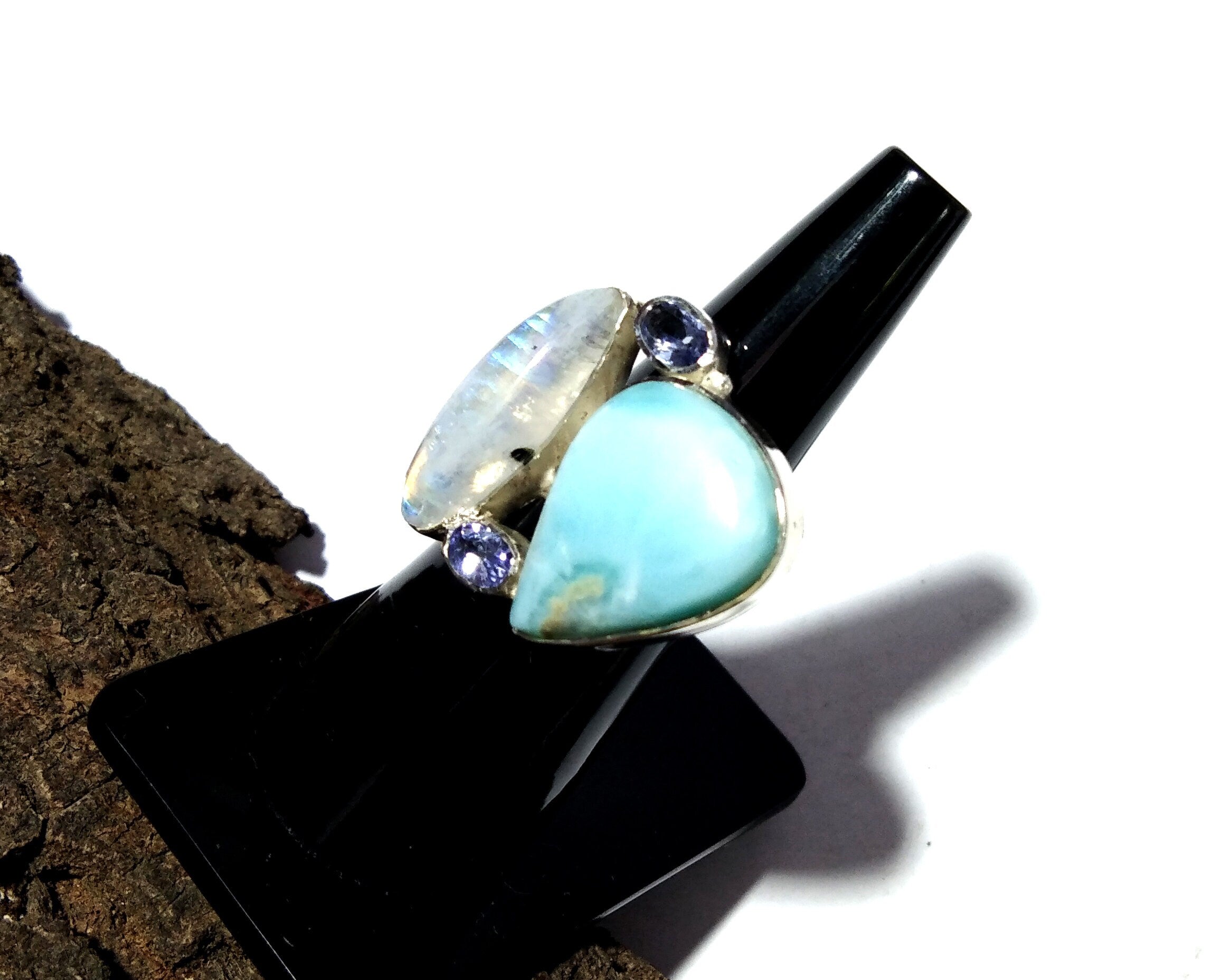 Natural Larimar, Rainbow Moonstone & Tanzanite Ring, 925 Solid Sterling Silver Ring, Gemstone Jewelry Rings, Handmade Making Jewelry Ring