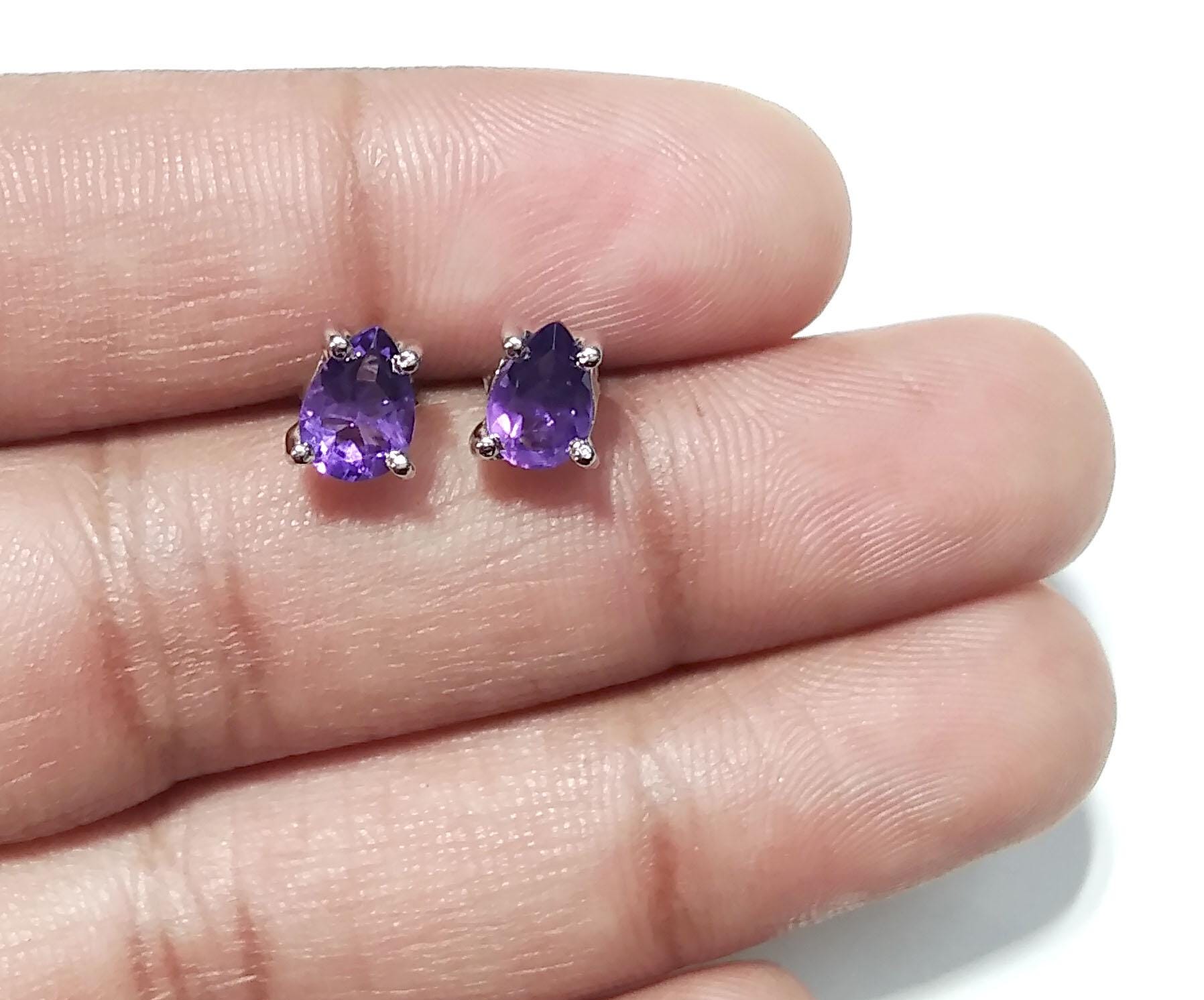 Natural Amethyst Stud Earrings, 925 Sterling Silver Amethyst Stud Earrings, Amethyst Gemstone Pear Shape Stone Size 7x5mm Gift For Women.