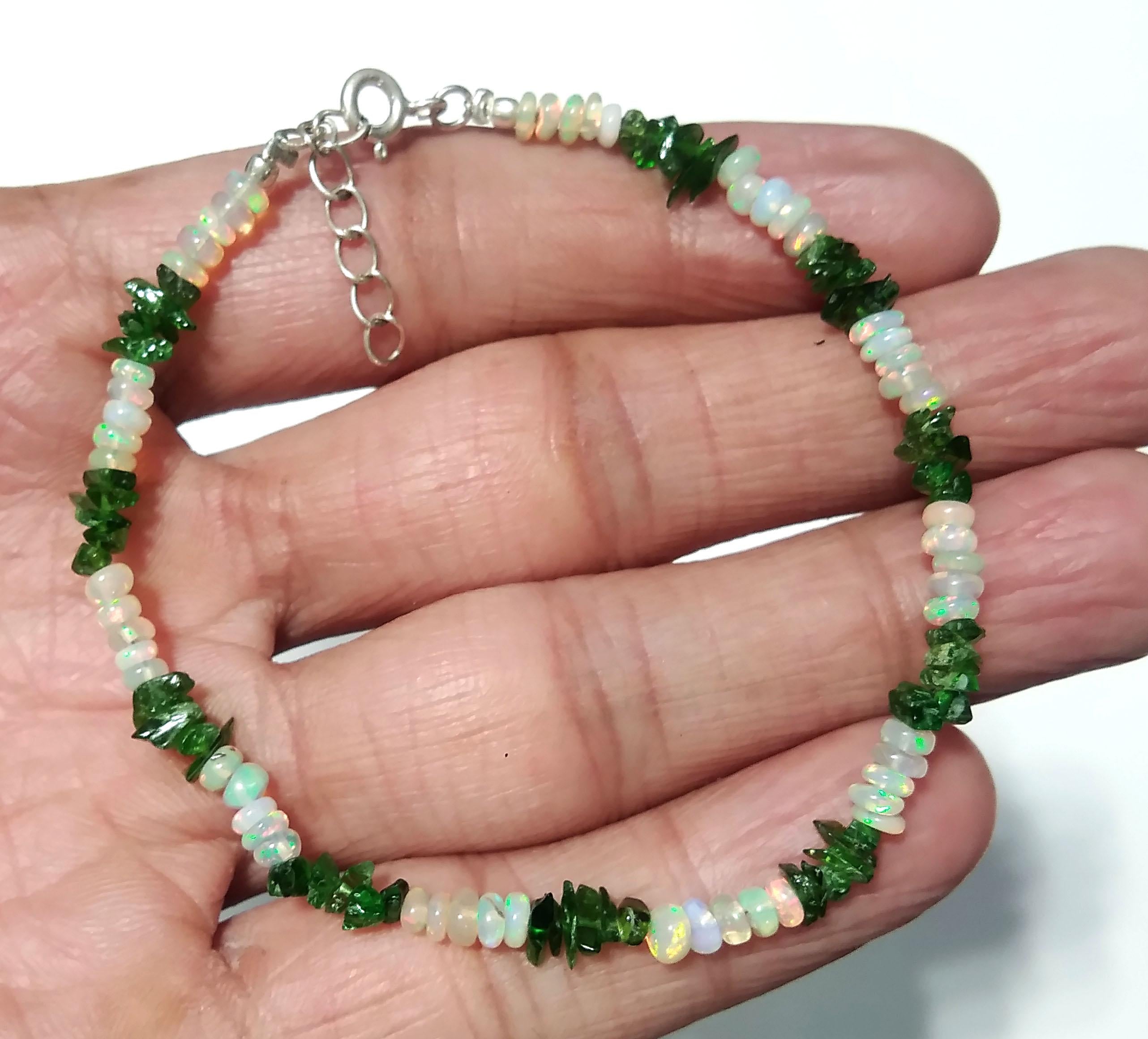 Natural Ethiopian Opal & Green Garnet Bracelet, Flashy Opal Gemstone Bracelet, December Birthstone Gift, Handmade Opal Jewelry, Gift For Her