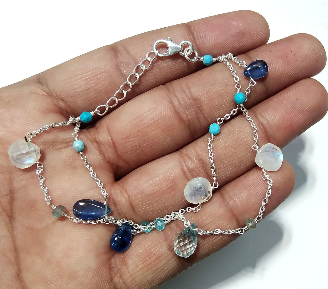 Blue Kyanite/Moonstone Bracelet, 925 Solid Sterling Silver Bracelet, Natural Rainbow Moonstone Adjustable Bracelet, 8 inches Gift Bracelet