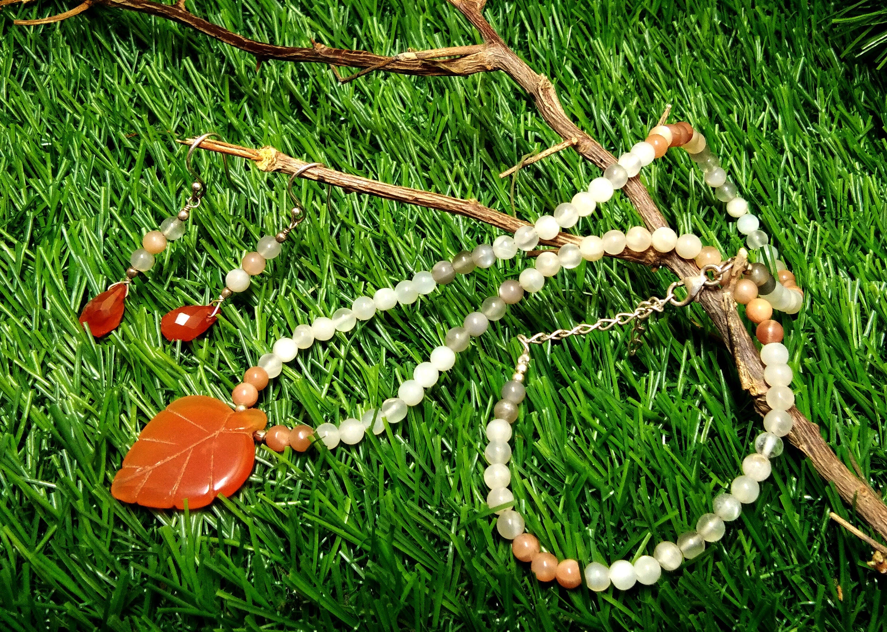 Natural Orange Carnelian/Peach Moonstone Gemstone Beads Necklace Set Jewelry, 925 Sterling Silver Necklace Beaded Necklace Statement Jewelry