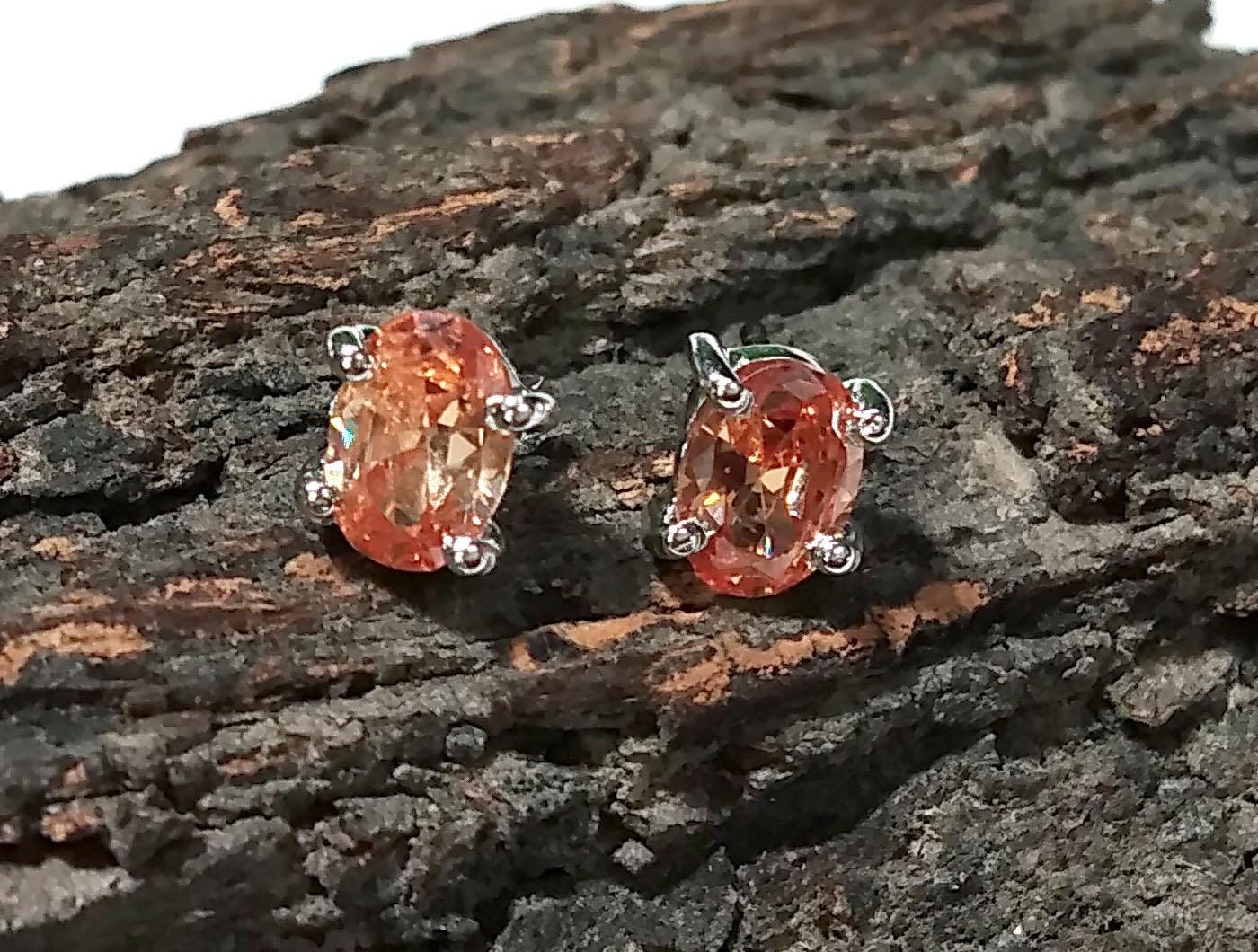 Orange Cubic Zircon Studs Earring, Natural Orange Zircon Oval Shape Studs, Solid 925 Starling Silver Earring, For Gilrs & Women Earrings
