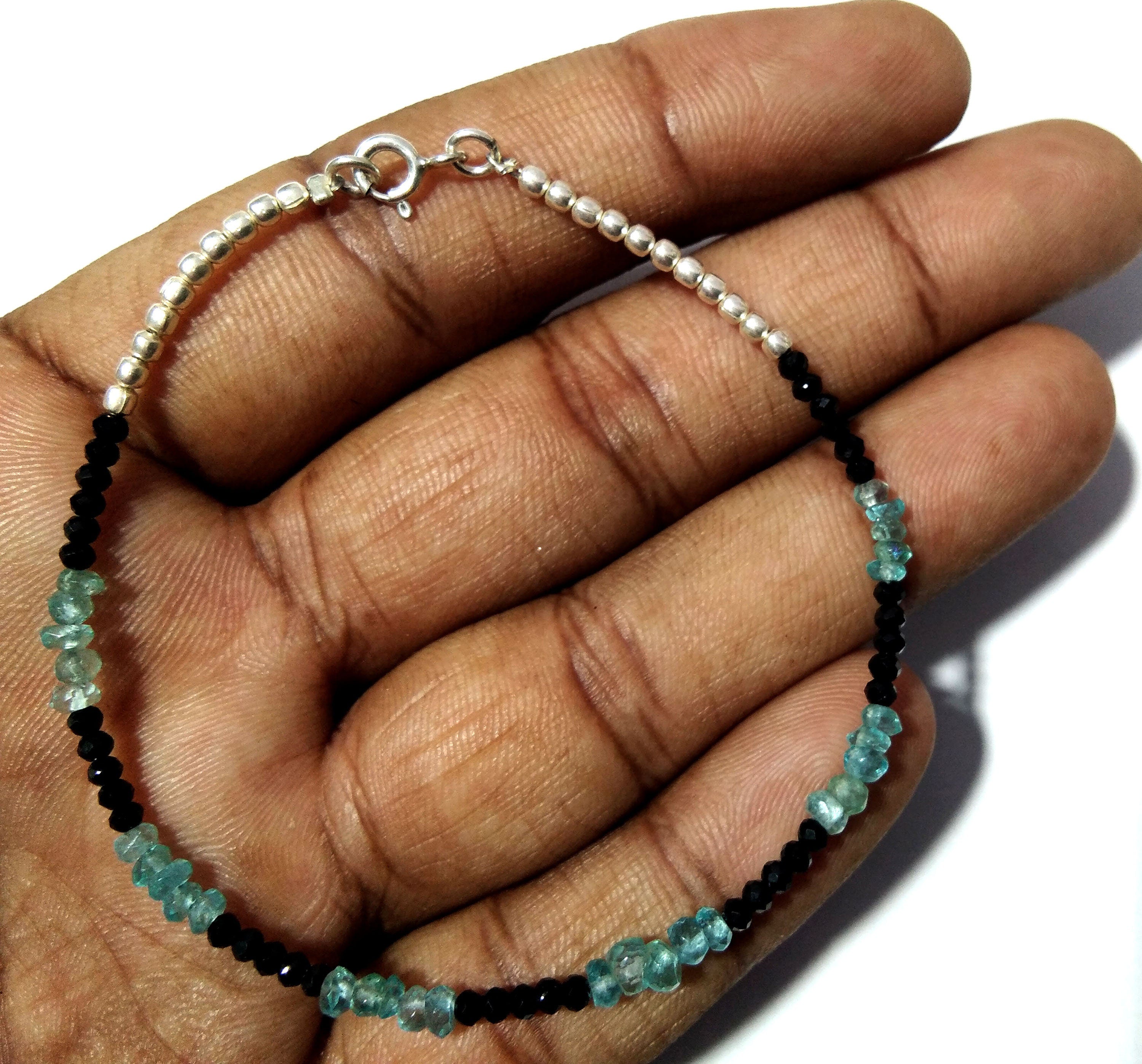 Apatite & Black Spinel Bracelet, Apatite Jewelry, Black Spinel Bracelet, May Birthstone, 925 Silver Wristlet Beaded Bracelet, Gift For Her