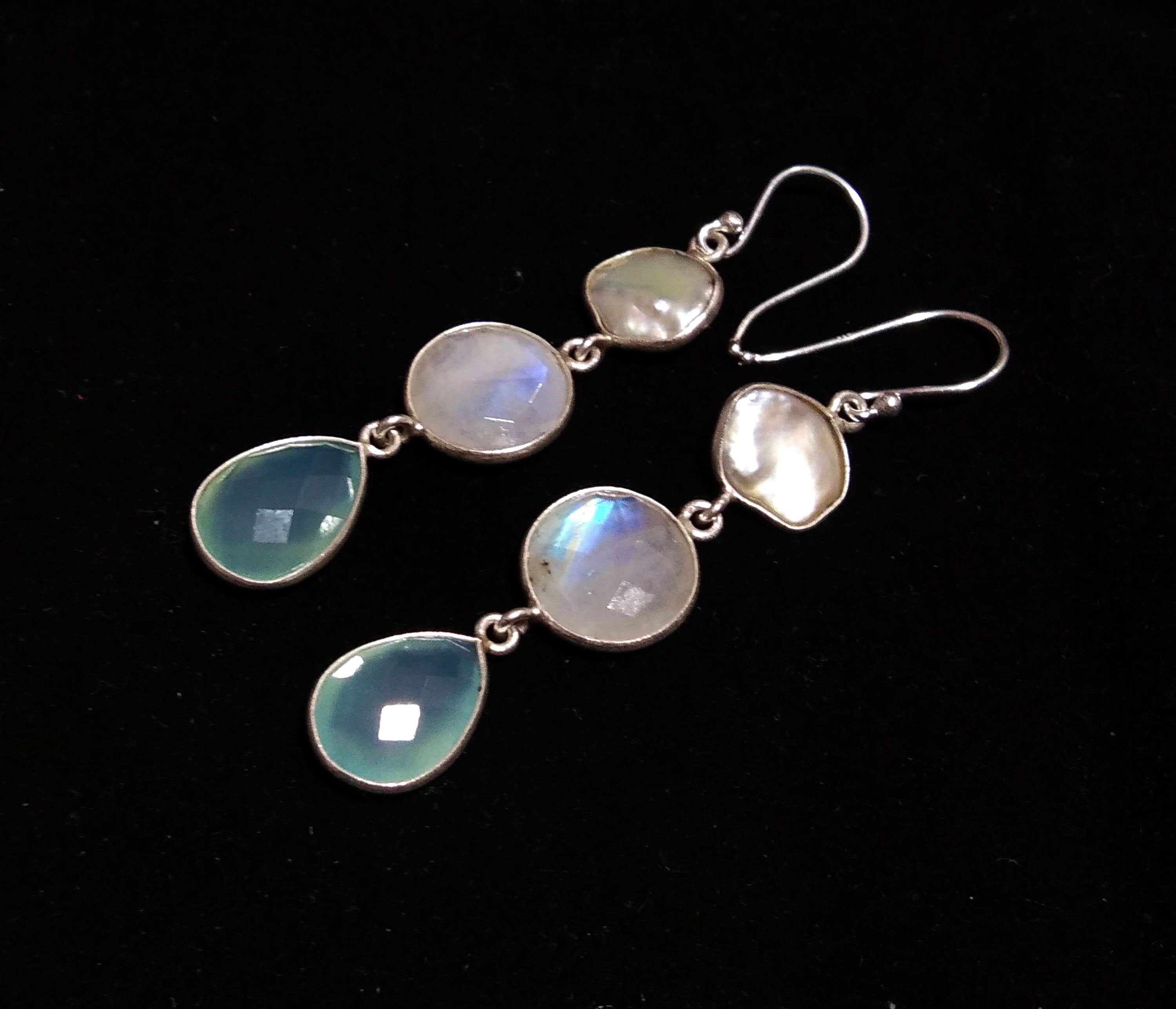 Natural Fresh Water Baroque Pearl/Moonstone/Chalcedony Stone Drop Earring, 925 Solid Starling Silver Earring Gemstone, Gift Birthday Earring