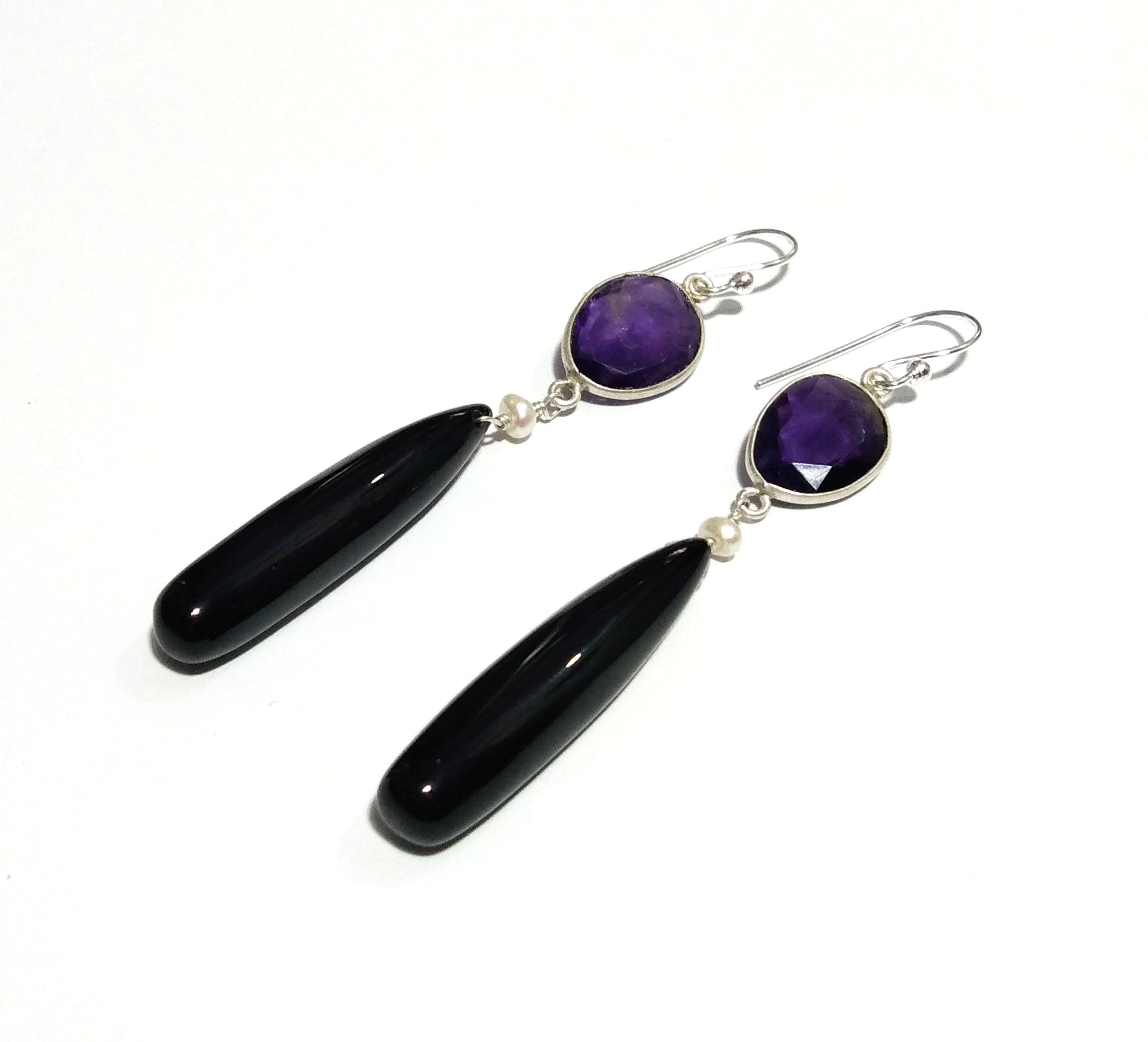Natural Black Onyx, Amethyst Stone Earring, 925 Solid Starling Silver Earring, Onyx, Amethyst Size 35x7mm to 12x10mm Gift Christmas
