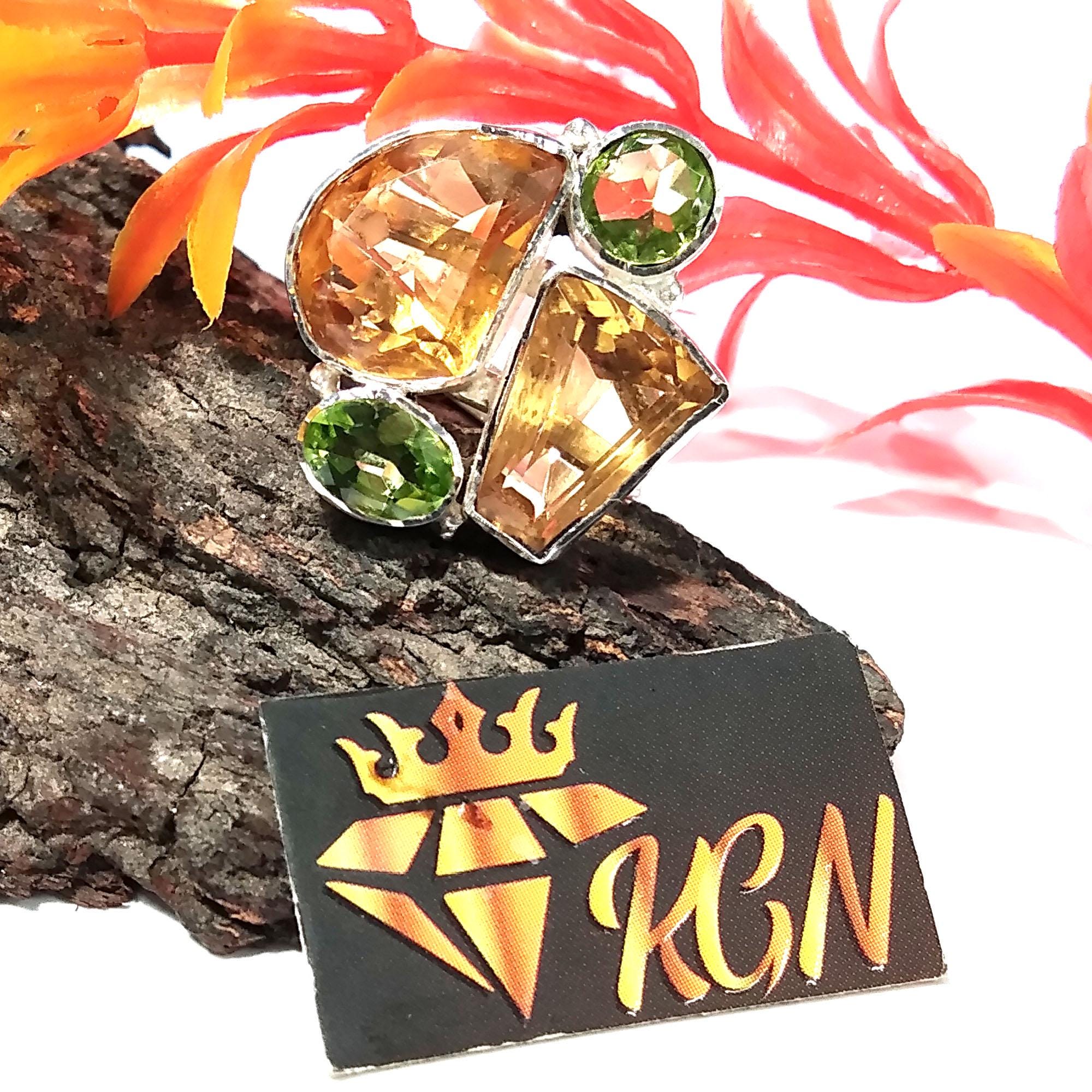 Natural Citrine/Peridot Faceted Gemstone Ring, 925 Sterling Silver Jewelry Ring, Natural Gemstone Ring Handmade Jewelry, For Girls/Women