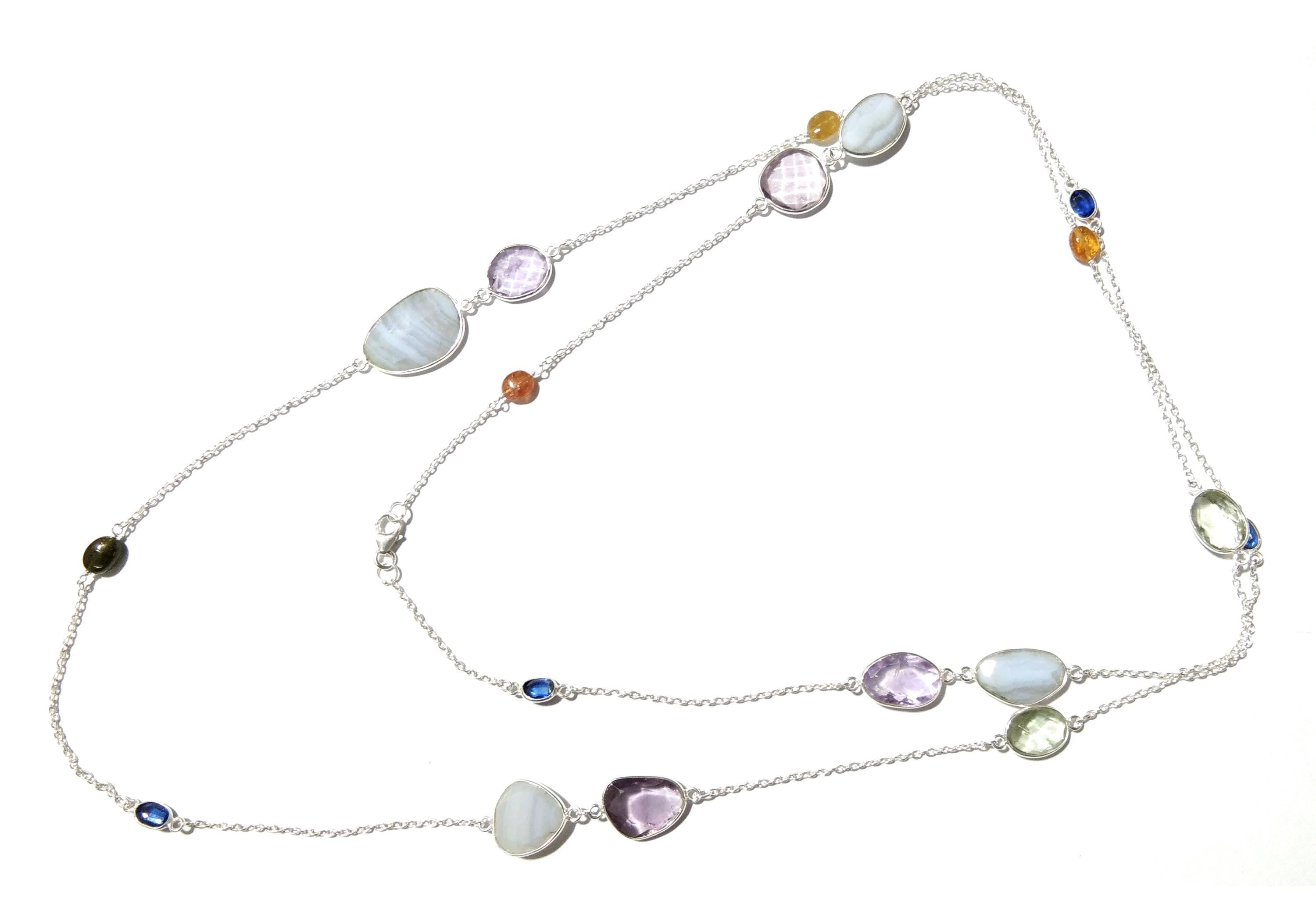 42'' Log Chain Bezel Necklace ! ALL Natural Gemstone Kyanite, Tourmaline, Amethyst & Blue Lace Necklace, 925 Solid Sterling Silver Jewelry.