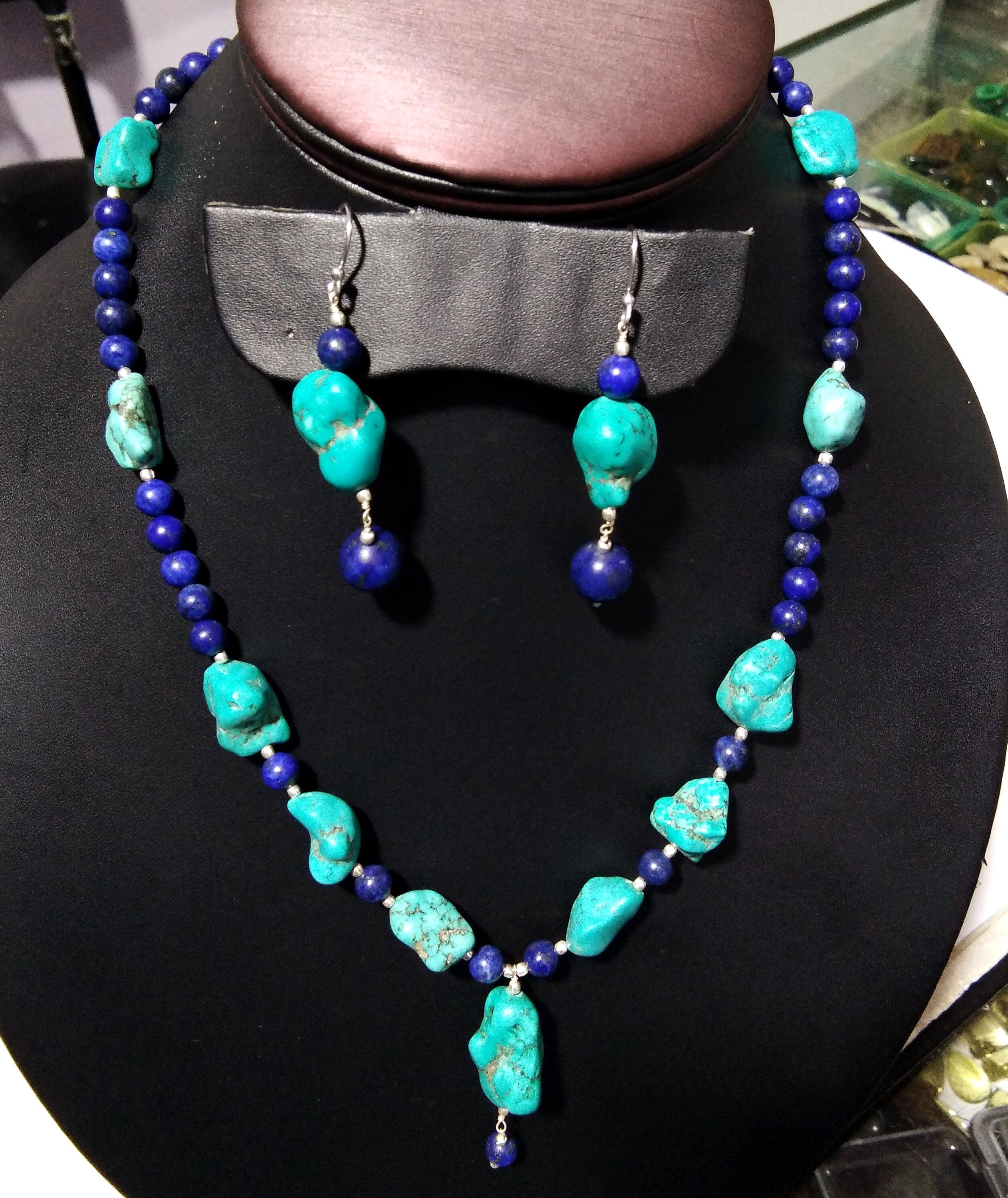 Long Natural Turquoise Rough Gemstone Necklace and Earring, Top Color Dark Blue Lapis Lazuli 925 Sterling Silver Handmade Jewelry Gift Women