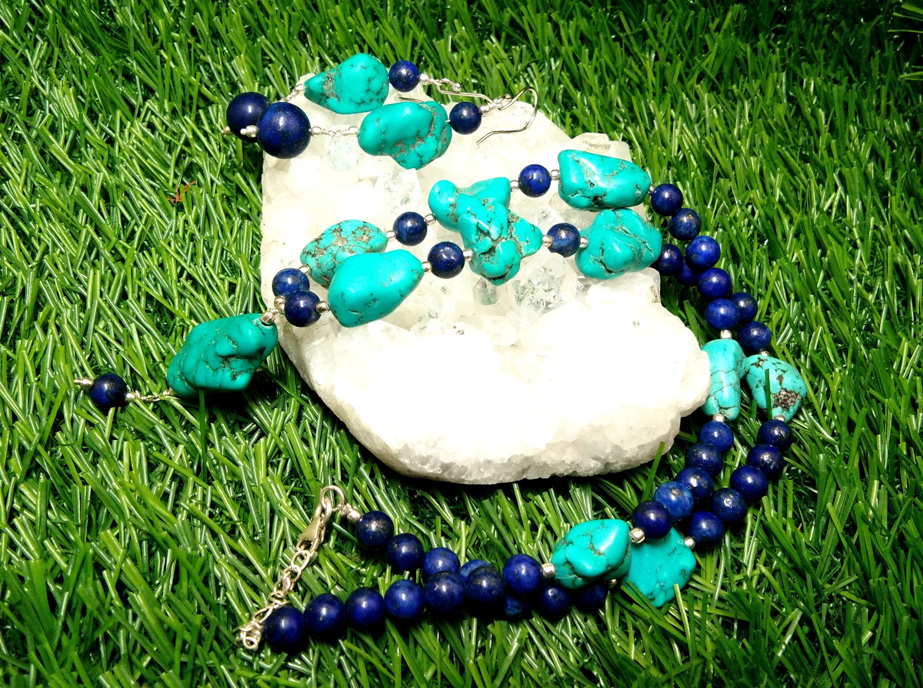 Long Natural Turquoise Rough Gemstone Necklace and Earring, Top Color Dark Blue Lapis Lazuli 925 Sterling Silver Handmade Jewelry Gift Women