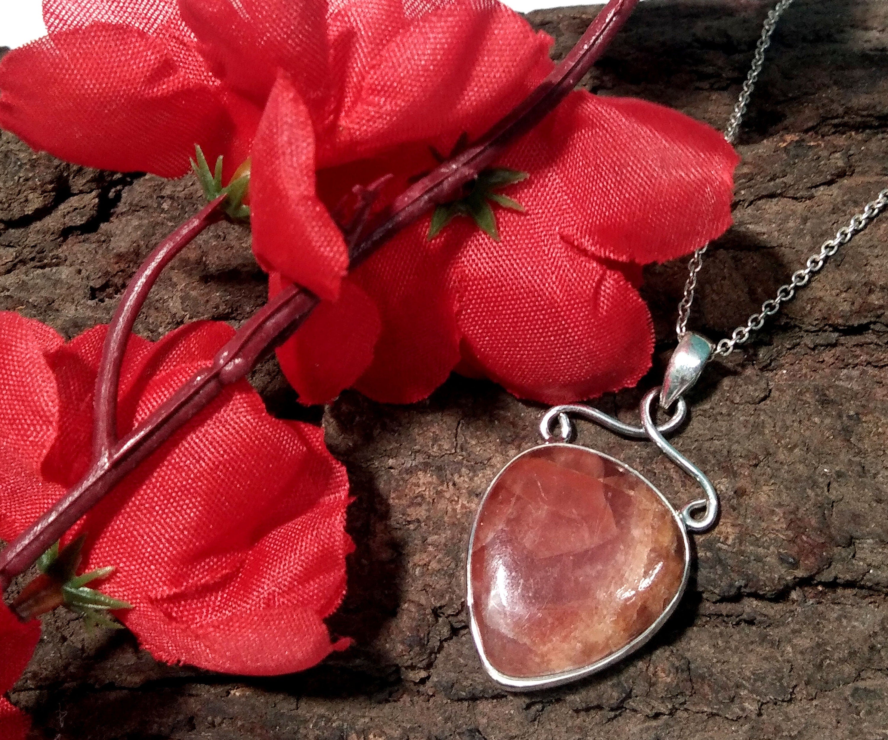 Natural Rhodochrosite Gemstone Pendant Chain Necklace, 925 Starling Silver Pendant Jewelry Heart Shape For Gift Easter Chain Pendant