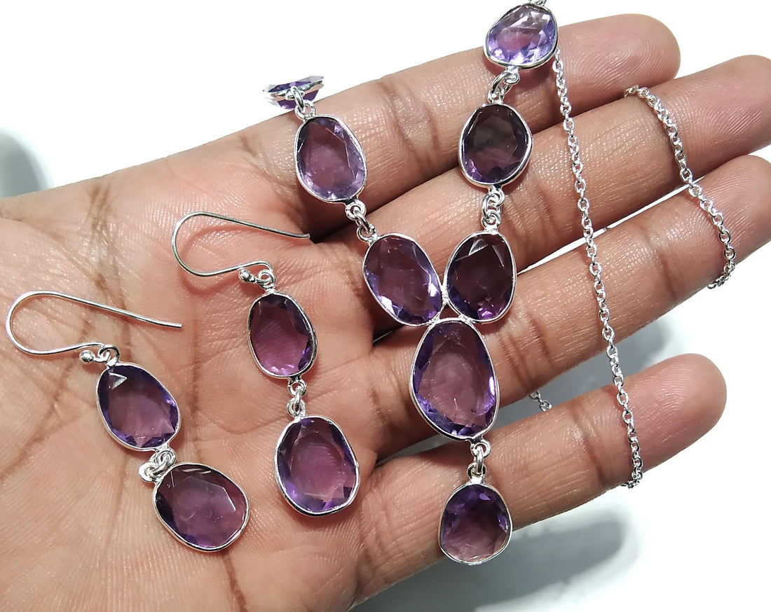 Natural Amethyst Gemstone Earrings And Necklace Jewellery Set, 925 Sterling Silver Necklace Amazing Quality Amethyst Gift For Girls/Women