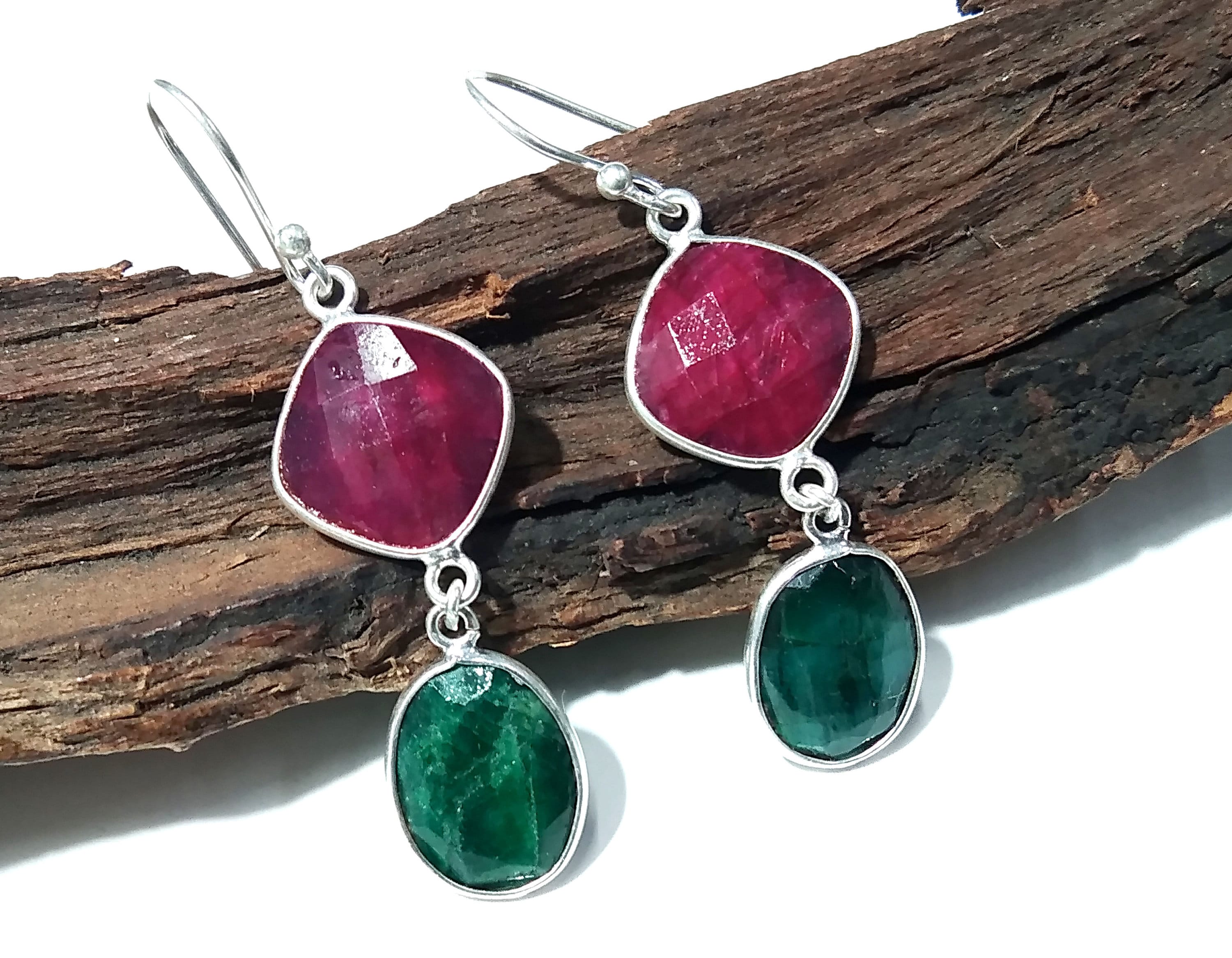 Natural Red Ruby/Emerald Stone Earring, 925 Solid Starling Silver Earring Gemstone, Gift Wedding Earring, Jewelry For Women's