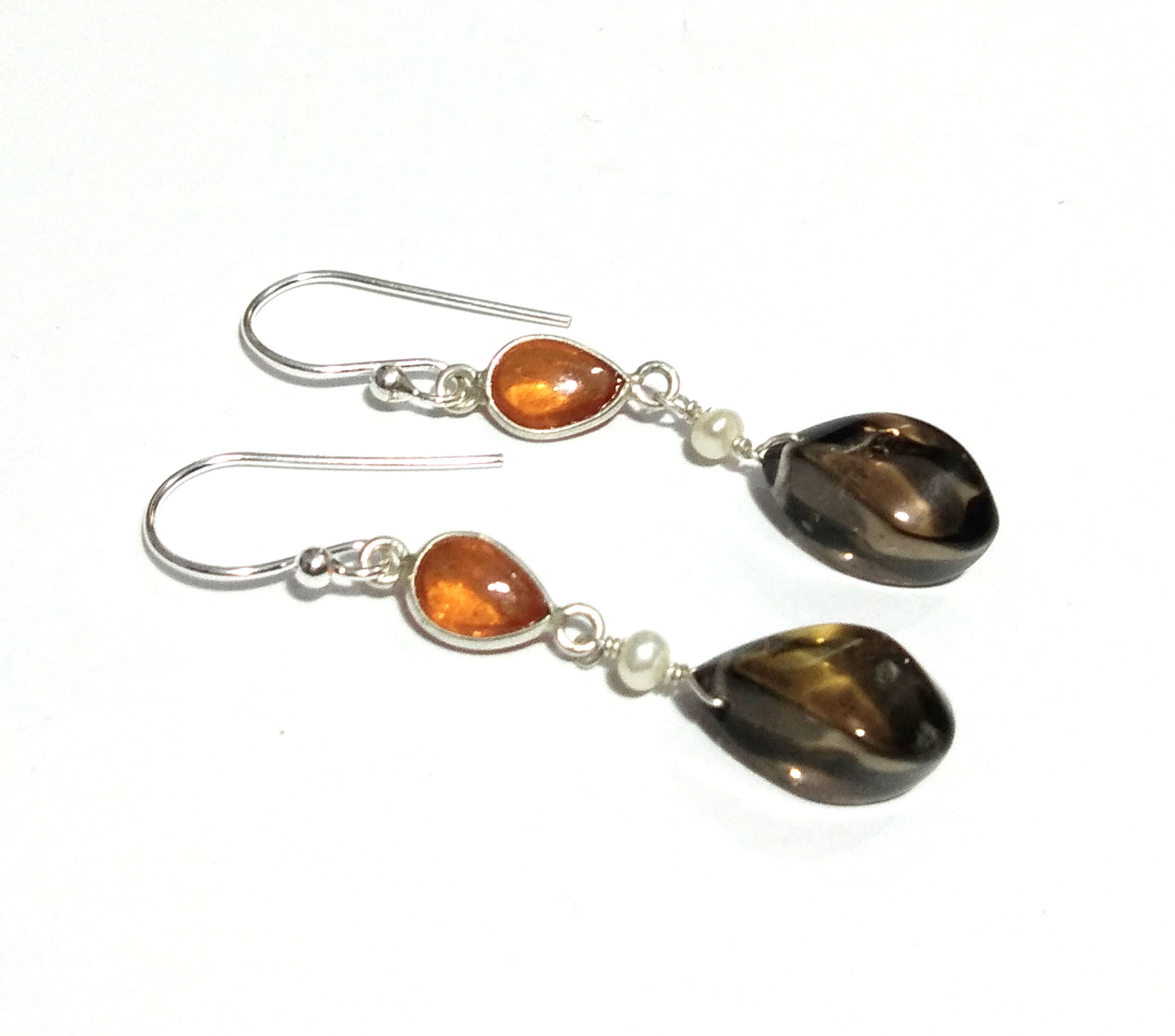 Natural Smoky Quartz/Yellow Garnet Earring Stone, 925 Solid Sterling Silver Earring, Design Smoky Quartz Earring, Stone Size 14x7mm to 6x5mm