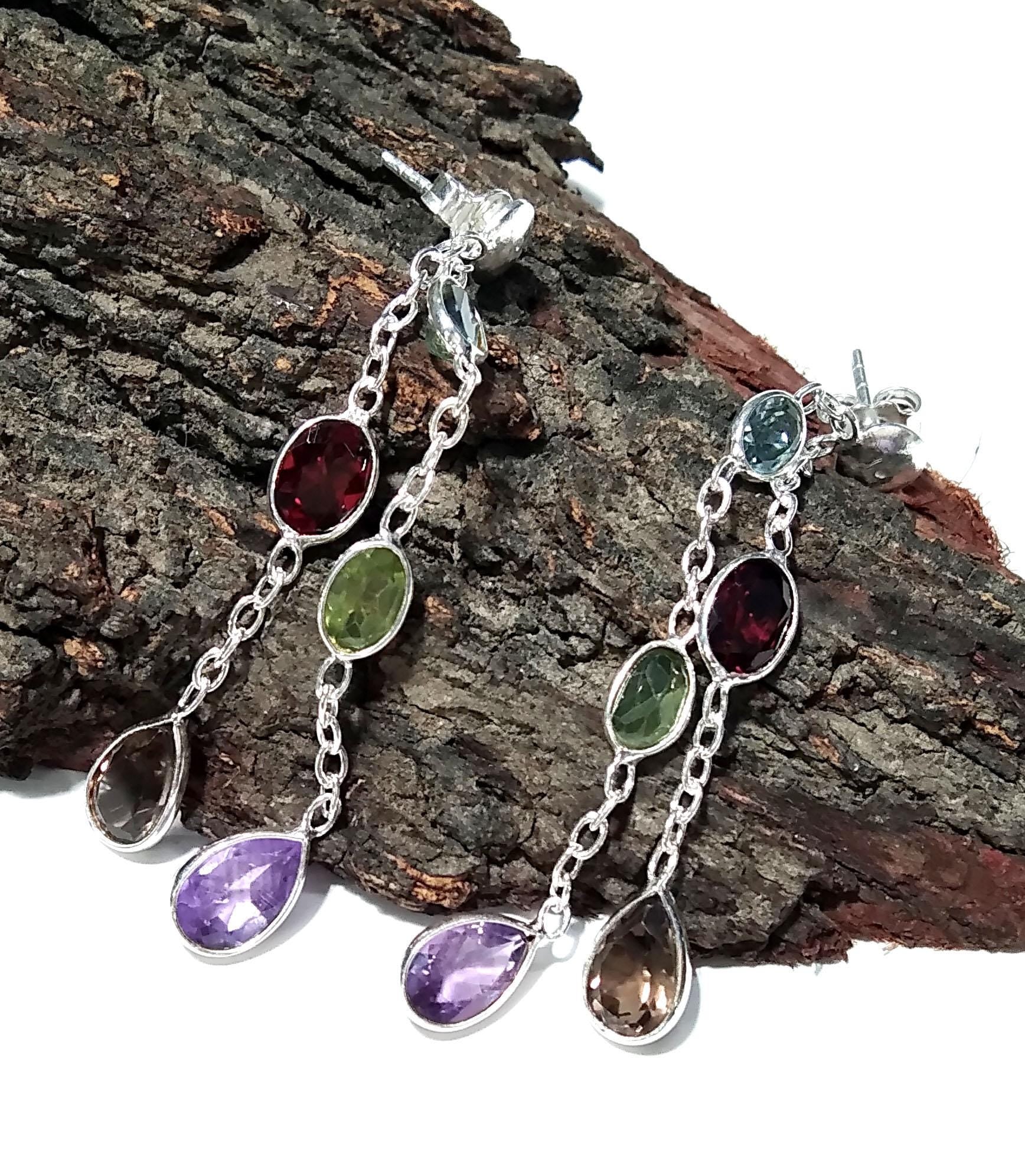 Multi Cut Gemstone Earrings, Amethyst, Garnet, Peridot, Blue Topaz, Smoky Quartz Earrings, 925 Sterling Silver Jewelry, Gift For Her
