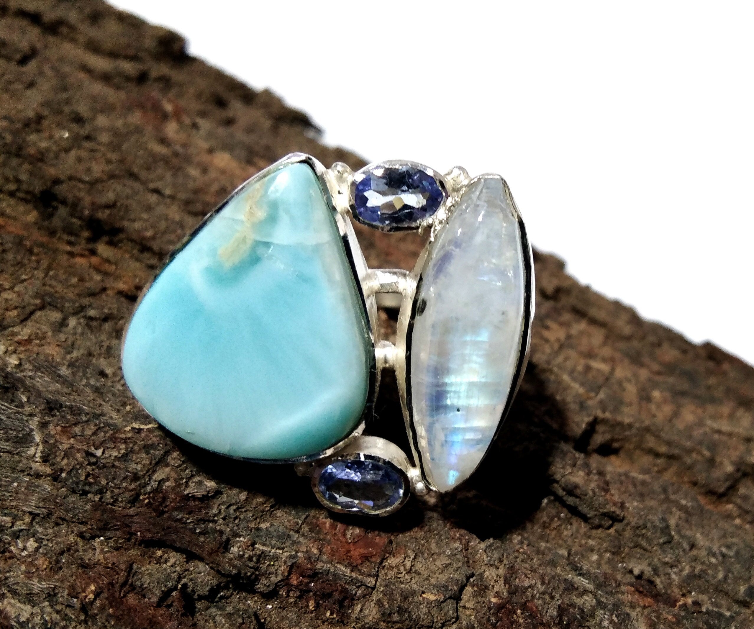 Natural Larimar, Rainbow Moonstone & Tanzanite Ring, 925 Solid Sterling Silver Ring, Gemstone Jewelry Rings, Handmade Making Jewelry Ring