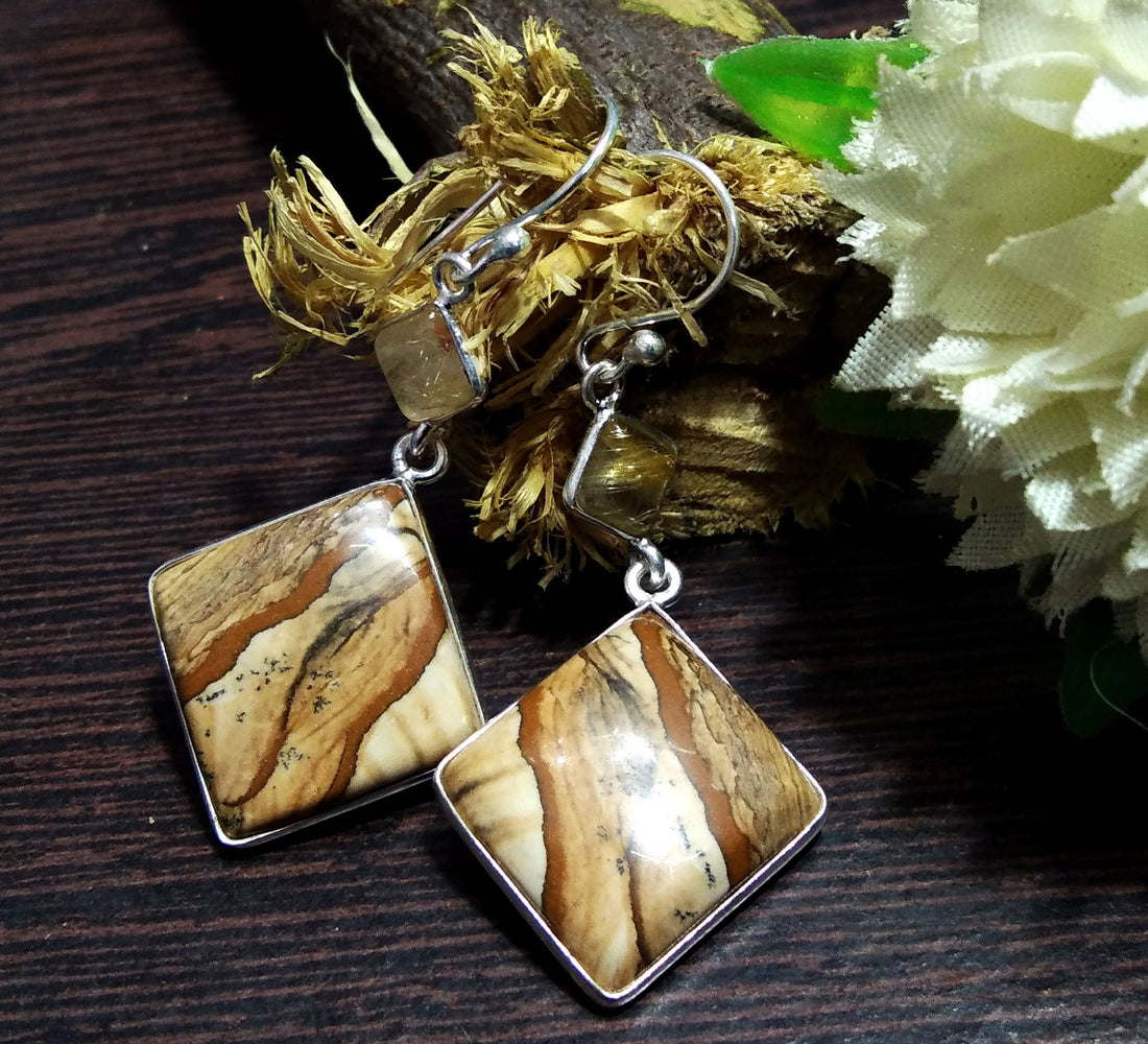 Natural Pitcher Jasper,Golden Rutile Gemstone Drop Earring, 925 Solid Starling Silver Earring, Stone Size 22x22 mm Earrings Women Jewelry