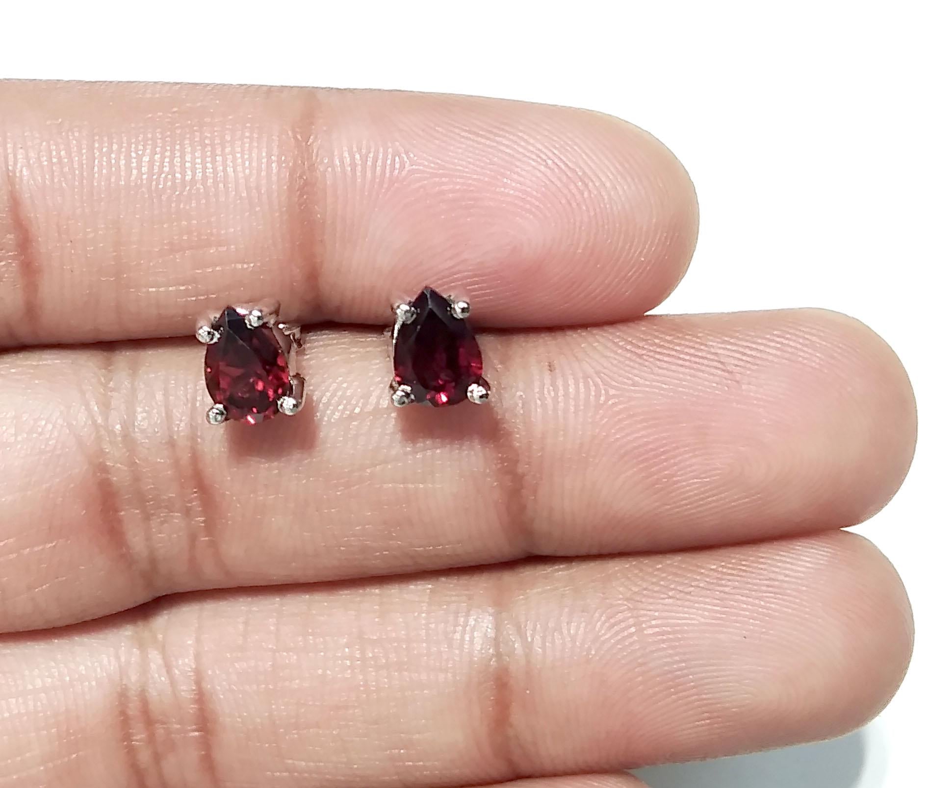Natural Red Garnet Stud Earrings, 925 Starling Silver Earring Jewelry, Red Garnet Gemstone Pear Shape Stone Size 7x5mm Gift For Her