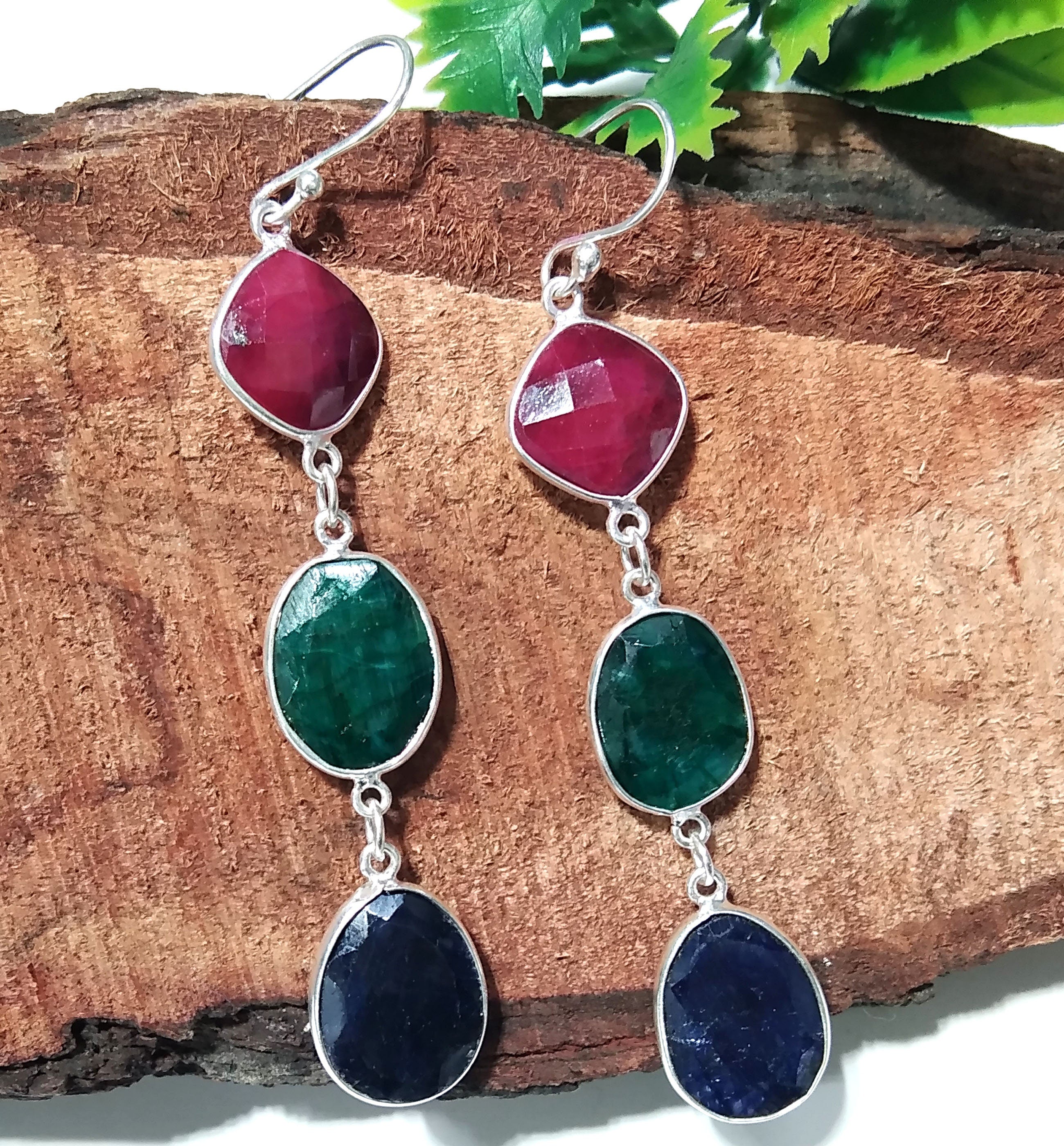 Natural Emerald,Red Ruby,Blue Sapphire Stone Earring, 925 Solid Starling Silver Earring Gemstone, Gift Wedding Earring, Handmade Jewelry