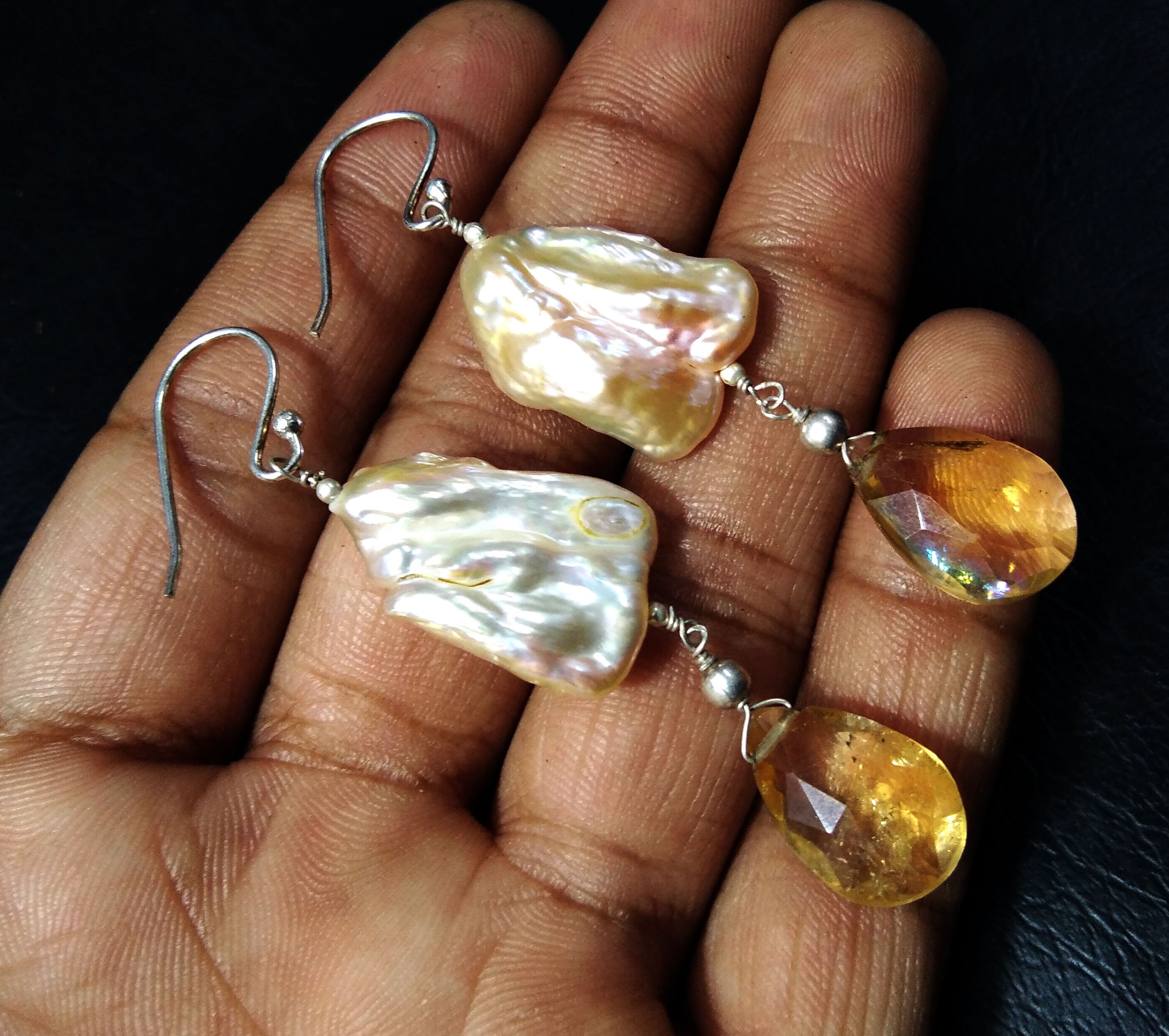 Natural Fresh Water Baroque Pearl & Citrine Gemstone Drop Earring, Solid 925 Starling Silver Earring, Girls/Women Gifts Wedding Earring