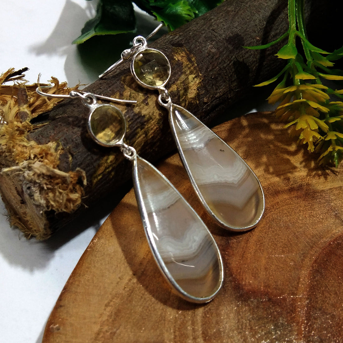 Natural Yellow Lace Agate Gemstone Earring, 925 Starling Silver Earring, Handmade Silver Jewelry, Yellow Agate Stone Earring, Gift Wedding