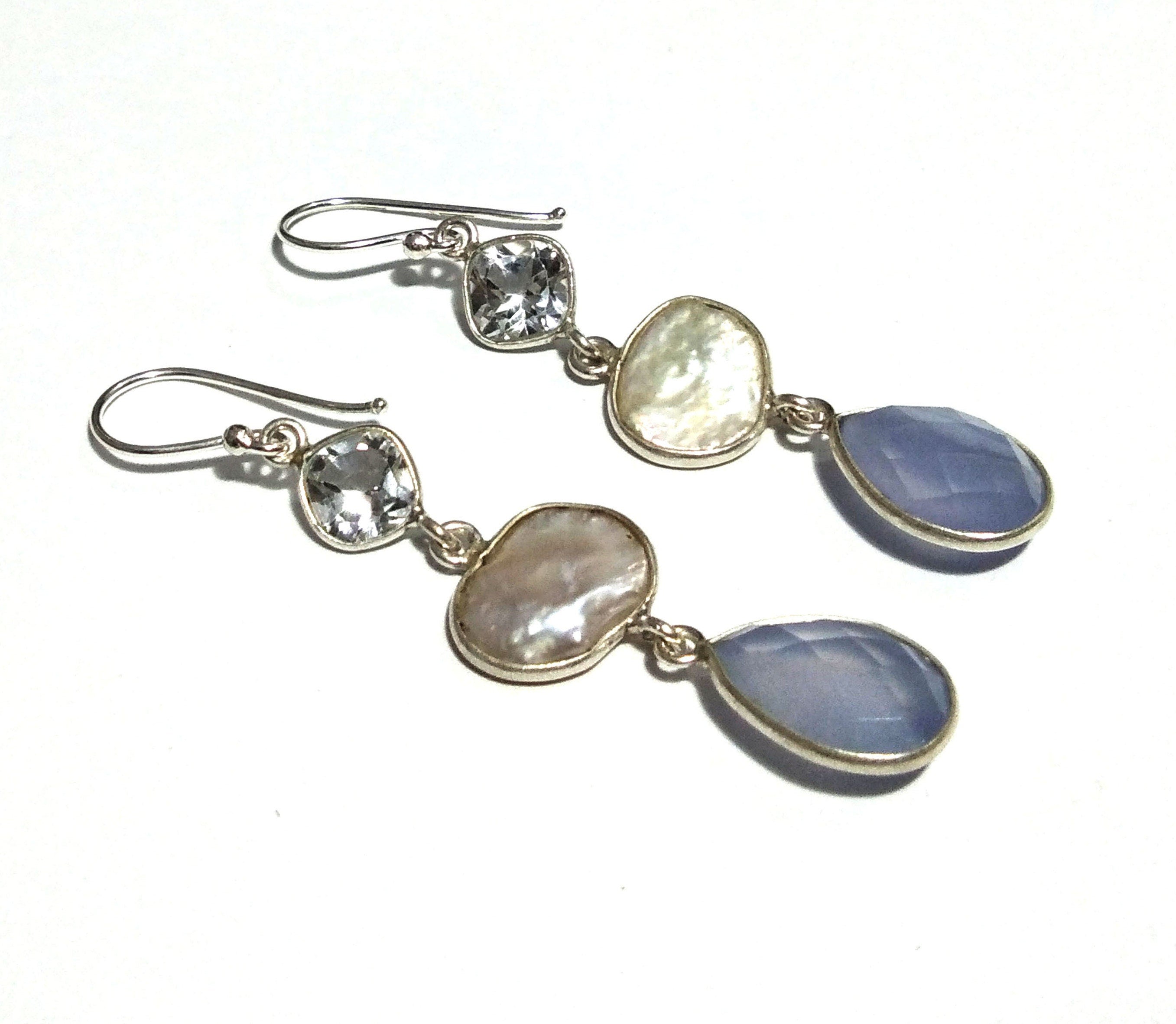 Natural Fresh Water Baroque Pearl/Topaz/Blue Chalcedony Stone Drop Earring, 925 Solid Starling Silver Earring Gemstone, Gift Earring Jewelry