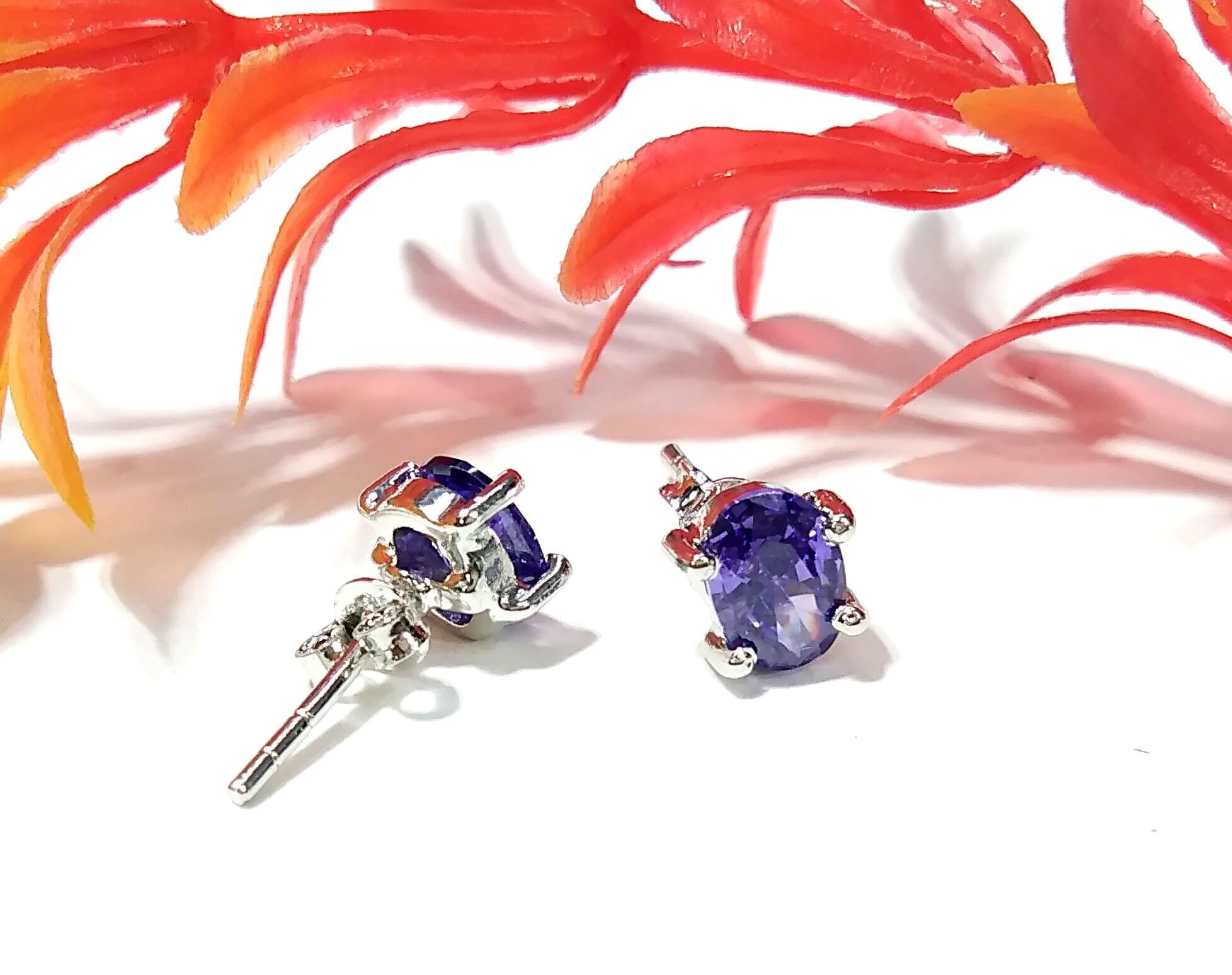 Iolite Sterling Silver Stud Earrings, 925 Solid Silver Earring Jewelry, Iolite Gemstone Oval Shape Stone Size 7x5mm Birthday Gift For Her