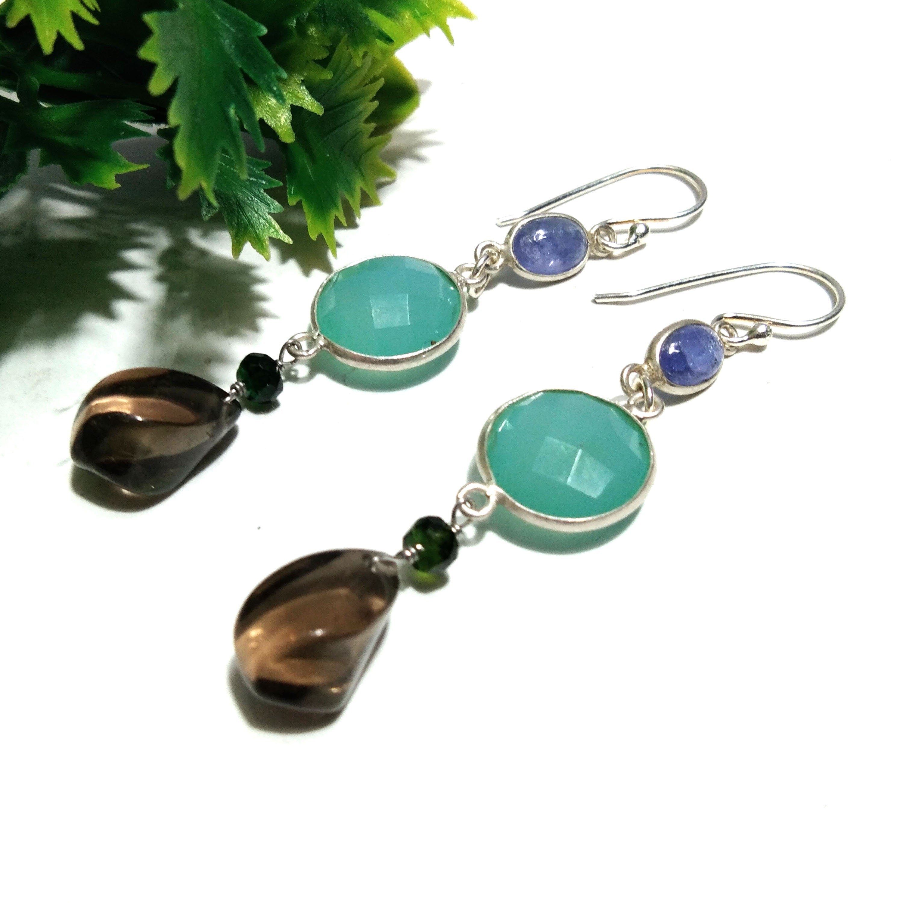Natural Aqua Chalcedony/Smoky Quartz Earring, 925 Solid Starling Silver Earring, Chalcedony Stone Handmade Gift Women Earring Jewelry