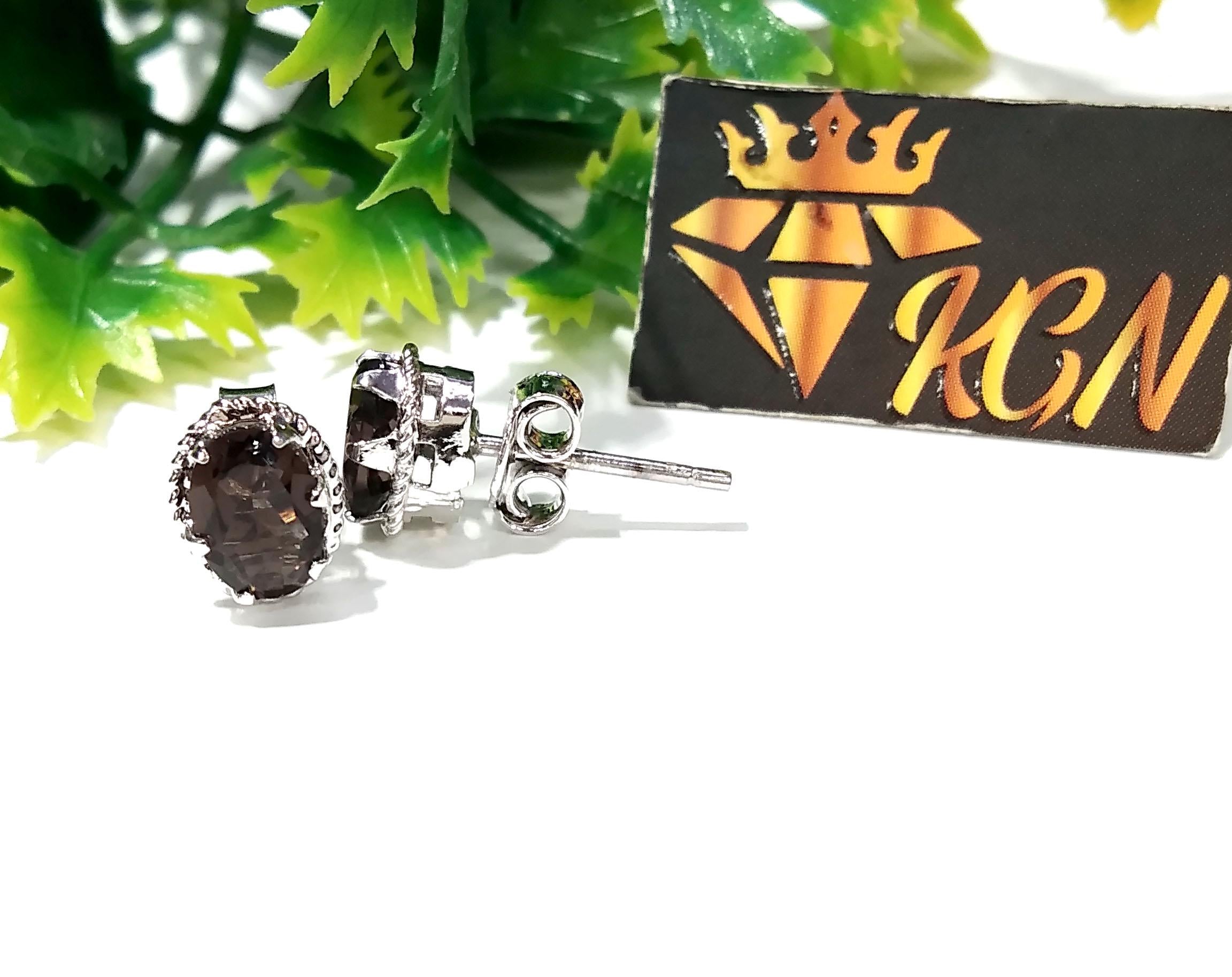 Natural Smoky Quartz Stud Earrings, 925 Starling Silver Earring Jewelry, Smoky Quartz Gemstone Oval Shape Stone Size 7x5 mm Gift For women.