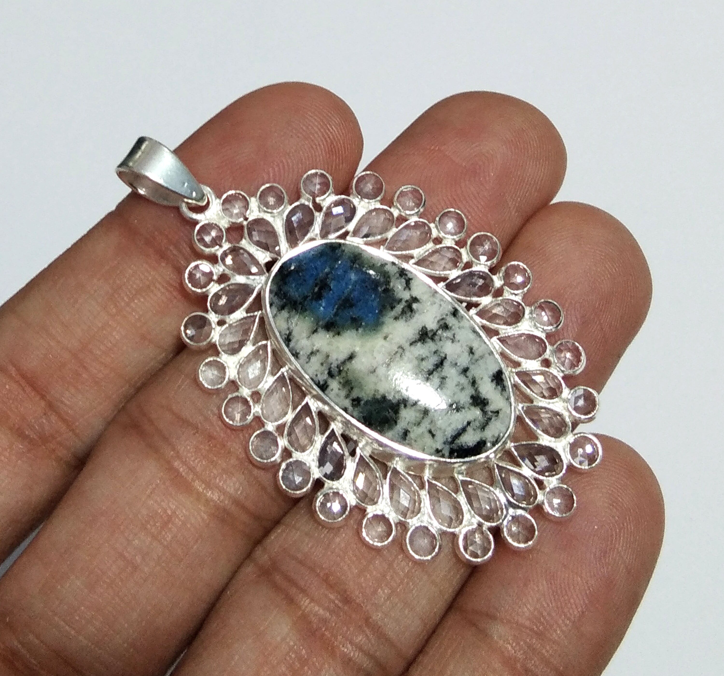 Natural K2 Jasper/White Zircon Stone Pendant, 925 Solid Starling Silver Pendant, Stone Size 27x16 mm Gift Valentine day Pendant Jewelry