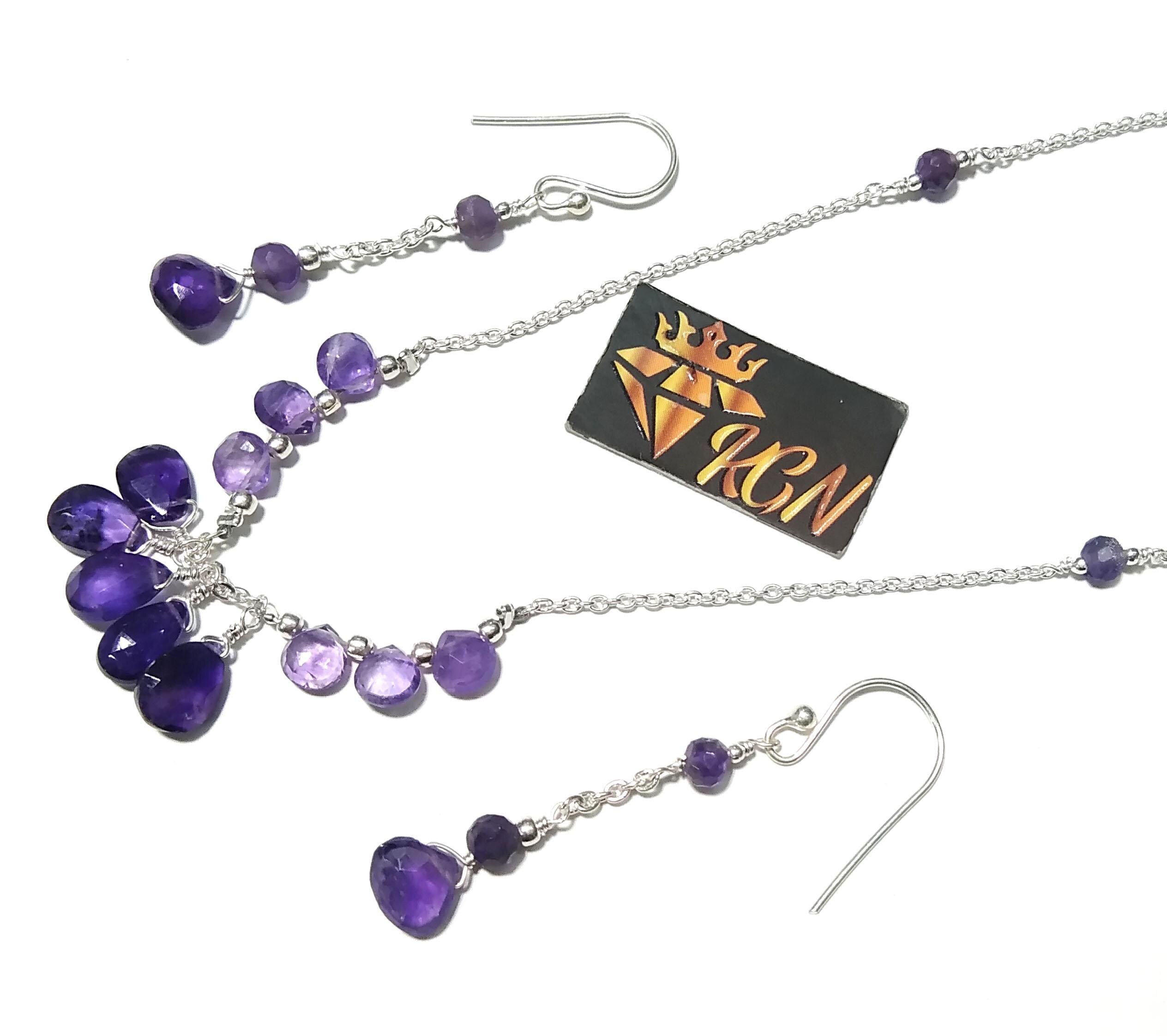 Natural Amethyst Gemstone Earrings And Necklace Jewellery Set, 925 Solid Sterling Silver Necklace, Beautiful Amethyst Stone Gift For Her