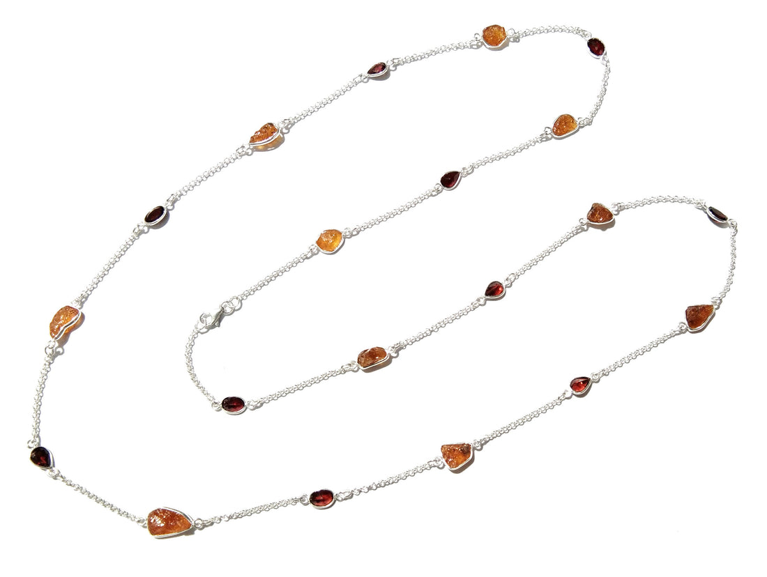 Beautiful Log Necklace 100% Natural Gemstone Yellow Garnet Rough & Garnet Faceted Log Bezel Necklace With 925 Starling Silver Length 36 inch
