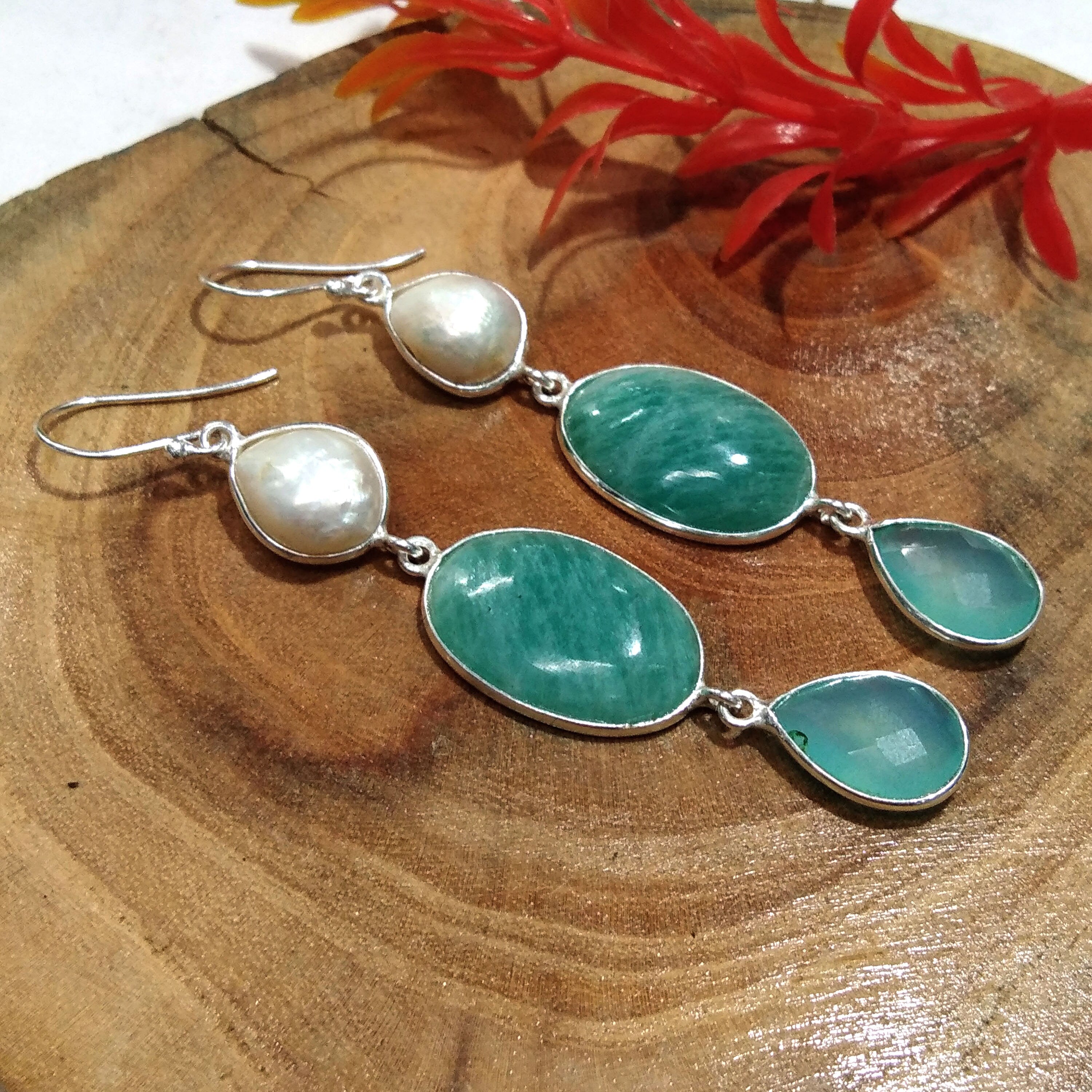 Natural Baroque Pearl, Amazonite Gemstone Earring, 925 Solid Starling Silver Earring, Handmade Silver Jewelry Stone Earring, Gift Wedding