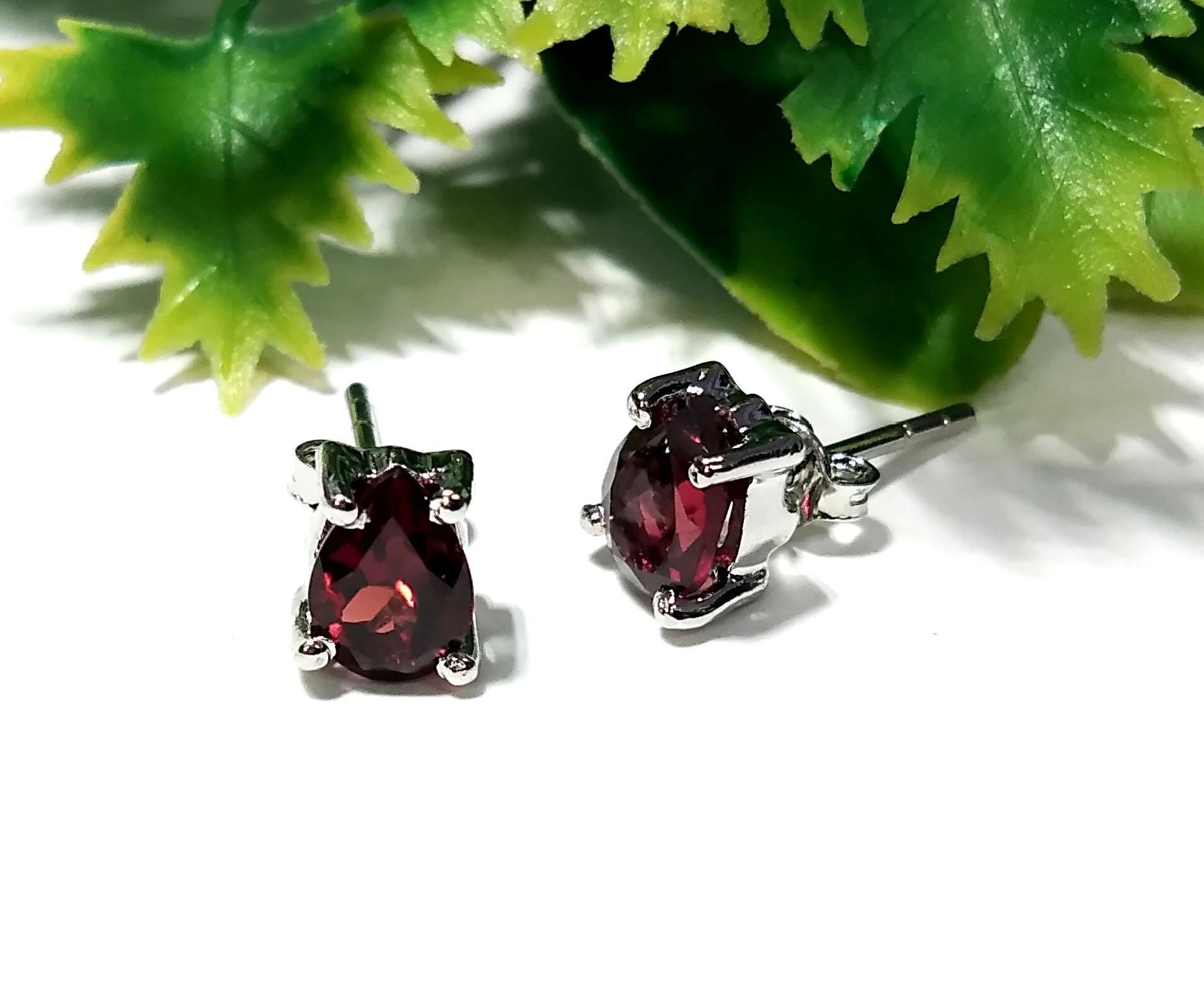 Natural Red Garnet Stud Earrings, 925 Starling Silver Earring Jewelry, Red Garnet Gemstone Pear Shape Stone Size 7x5mm Gift For Her