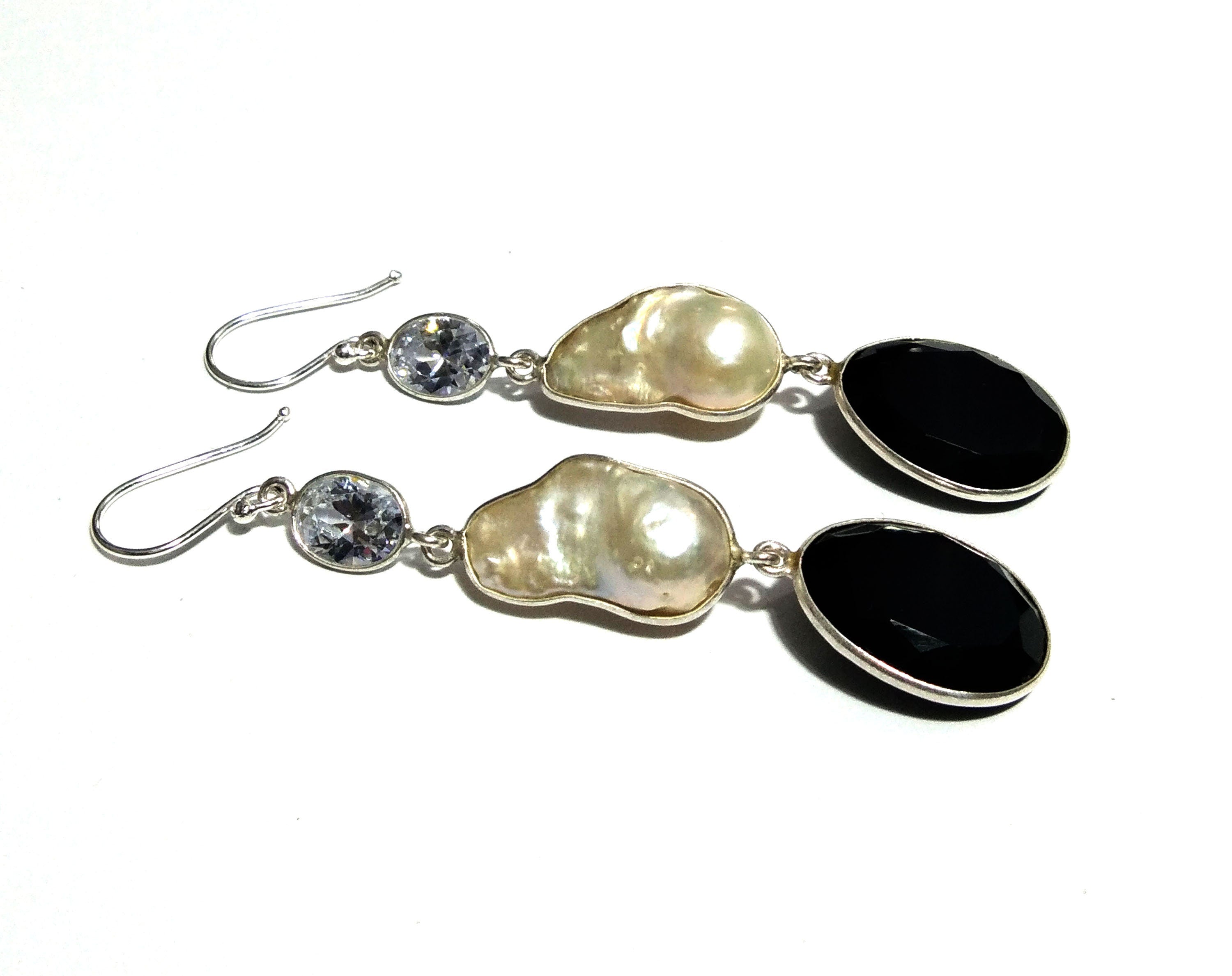 Fresh Water Baroque Pearl/Black Onyx/Topaz Stone Drop Earring, 925 Solid Starling Silver Earring, White Pearl Gemstone Wedding Earring