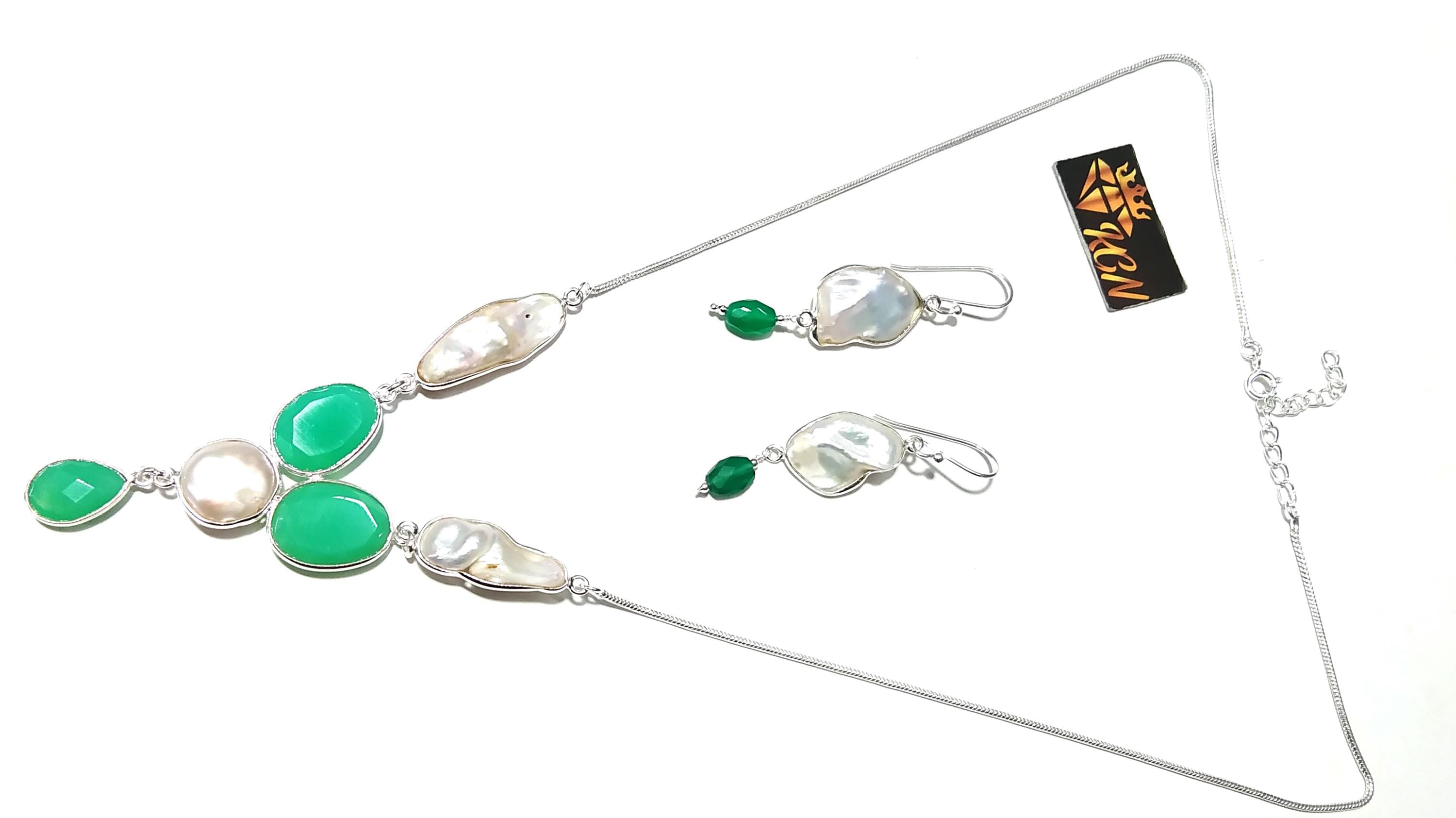 Natural Fresh Water Pearl/Chrysoprase Stone Necklace Earring Jewelry Set, 925 Sterling Silver Necklace Jewelry, Necklace Set For Women