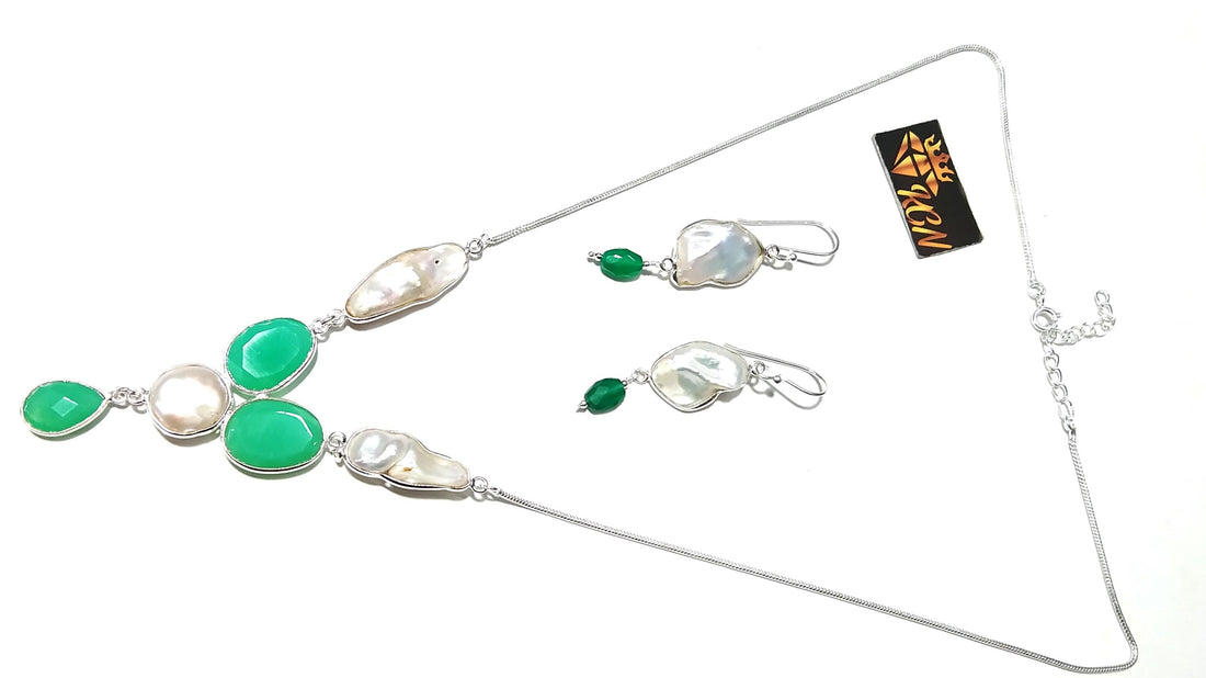 Natural Fresh Water Pearl/Chrysoprase Stone Necklace Earring Jewelry Set, 925 Sterling Silver Necklace Jewelry, Necklace Set For Women