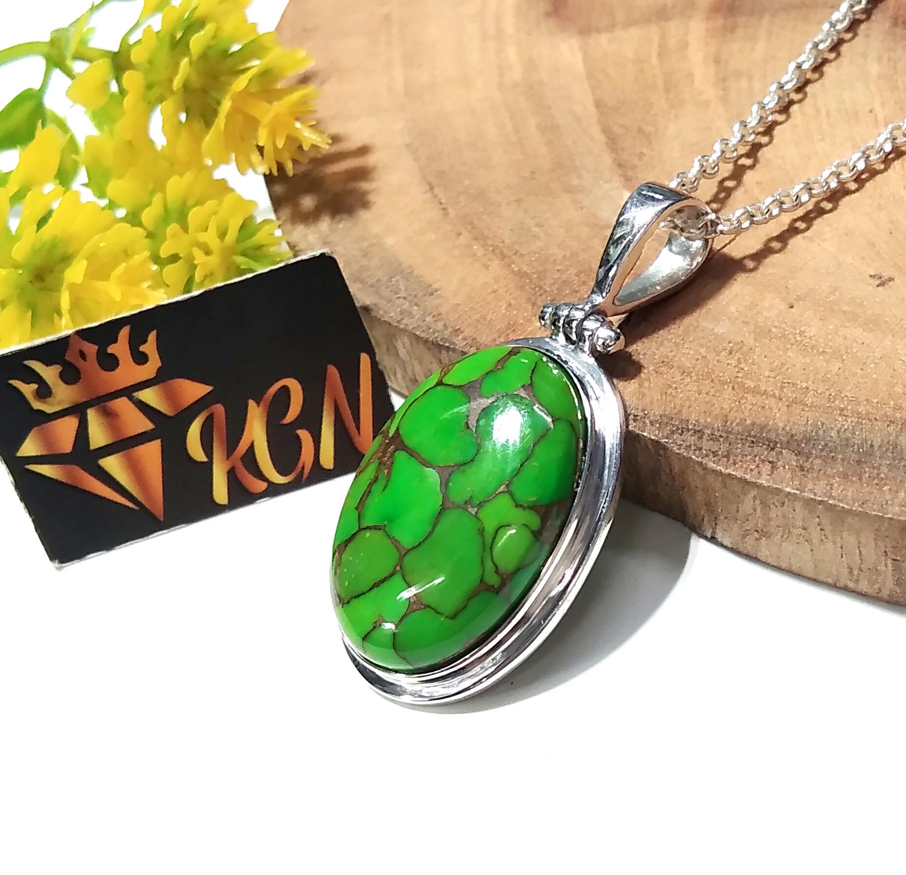 Natural Green Copper Turquoise Pendant Chain Necklace, 925 Starling Silver Pendant, Nice Green Color Pendant, Gift Wedding Pendant Jewelry