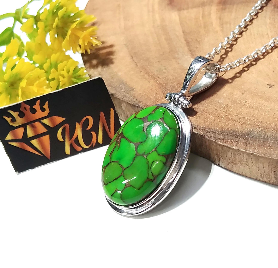 Natural Green Copper Turquoise Pendant Chain Necklace, 925 Starling Silver Pendant, Nice Green Color Pendant, Gift Wedding Pendant Jewelry