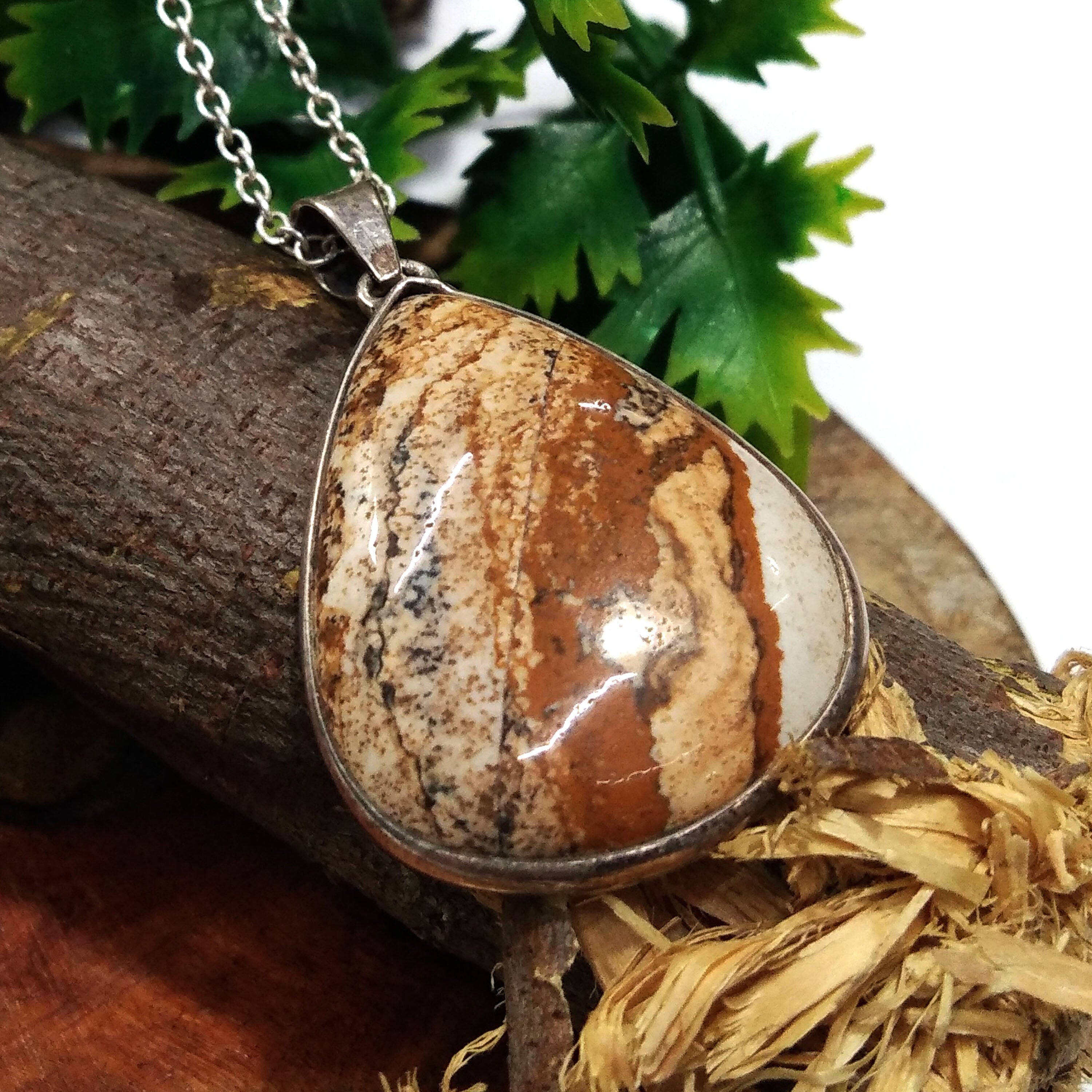 Natural Picture Jasper Stone Chain Pendant Necklace, 925 Starling Silver Pendant Necklace, Handmade Jewelry Stone Size 30x23mm Gift Pendant