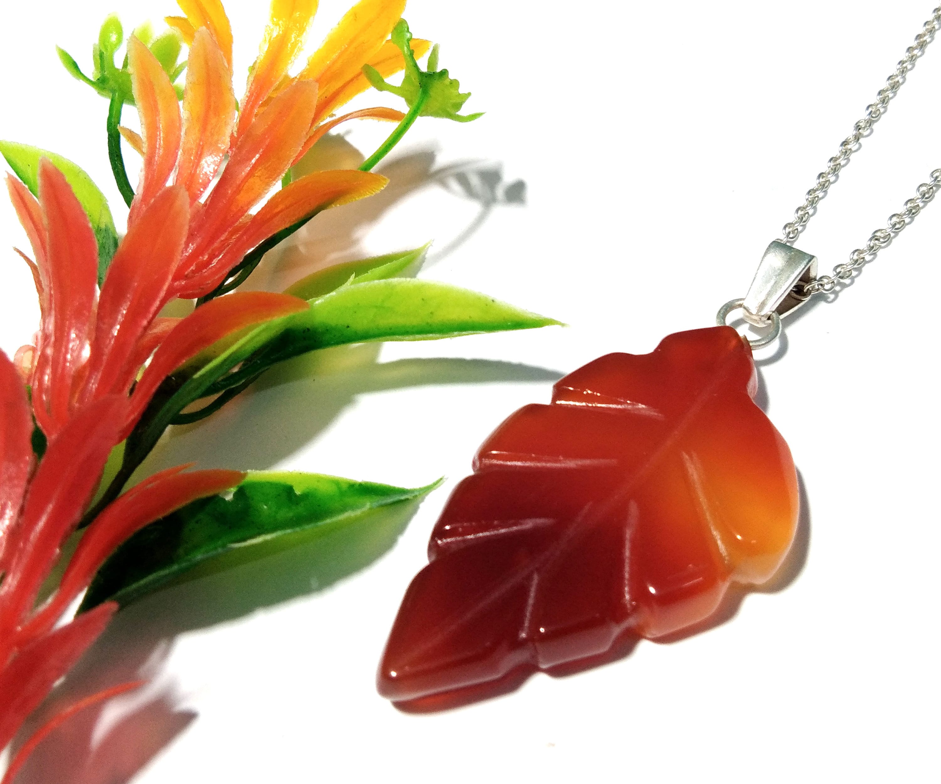 Natural Red Onyx Leaf Carving Stone Pendant, 925 Starling Silver Chain Necklace Pendant, Girls & Women Gift Wedding Jewelry