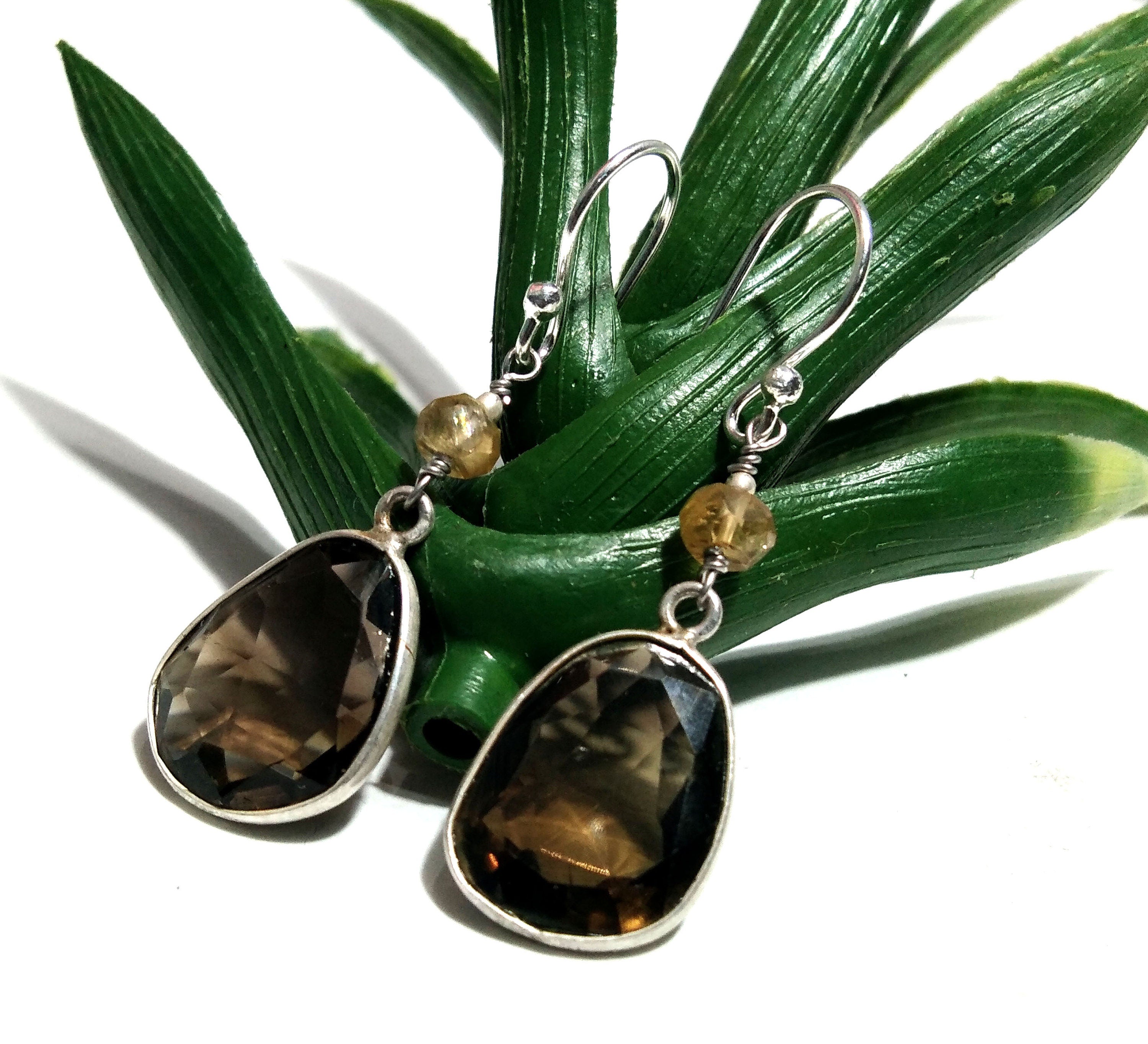 Natural Gemstone Smoky Quartz & Citrine Earrings, 925 Sterling Silver Earring, Handmade Making Bezel Earring, For Girls/Women Gift Jewelry