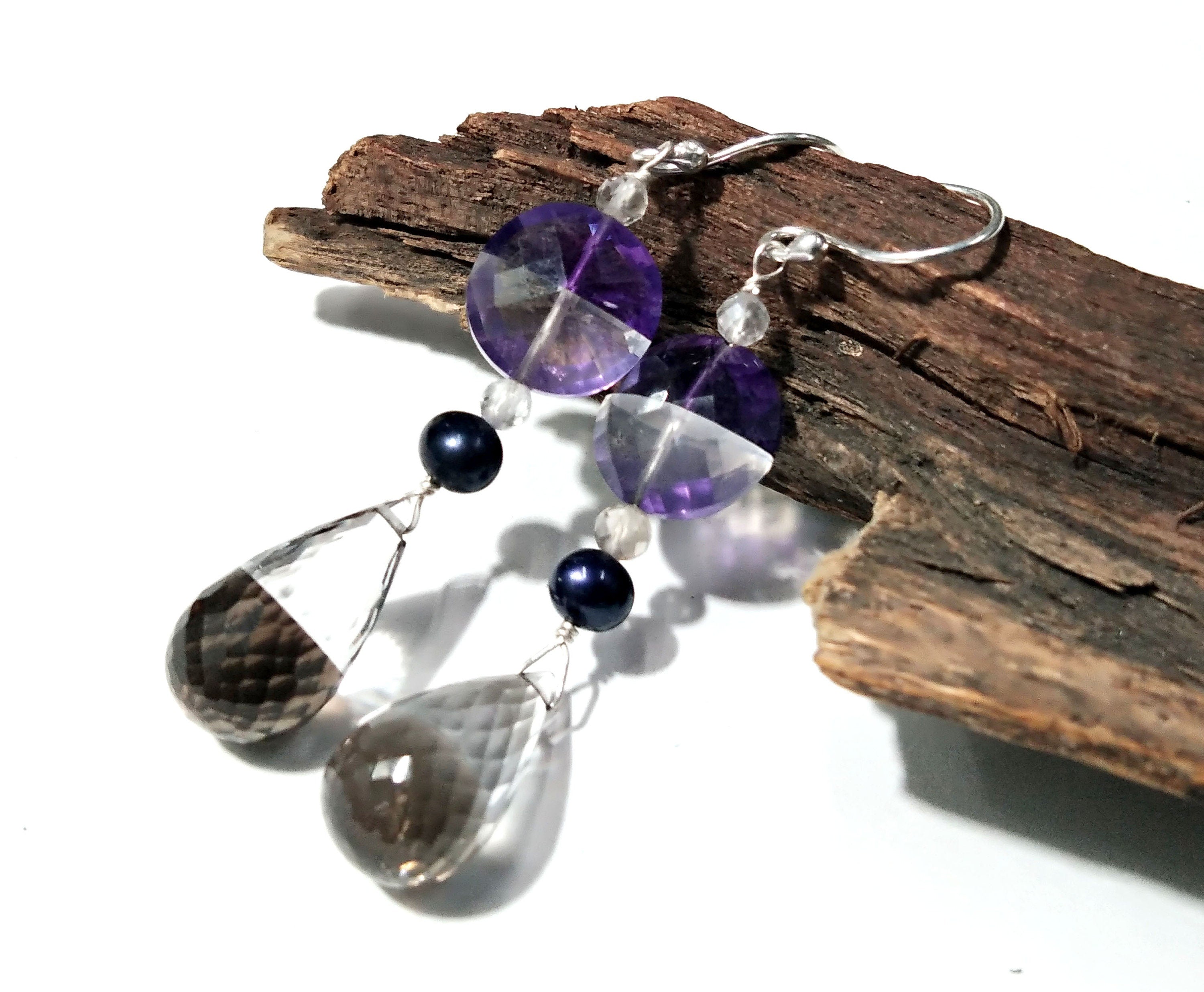 Very Fine Quality Amazing Color Natural Doublet Gemstone Amethyst, Crystal & Smoky Quartz With 925 Silver Multi Earring For Girls/Women Gift