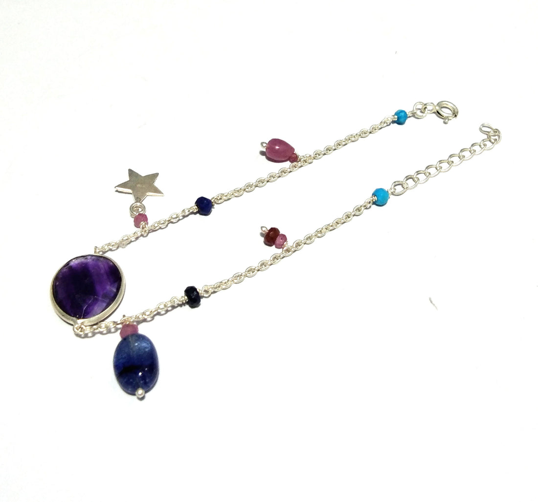 Natural Amethyst/Blue kyanite Stone Star Chain Bracelet, 925 Sterling Silver Chain Bracelet, Minimalist Bracelet Gift Valentine day Bracelet