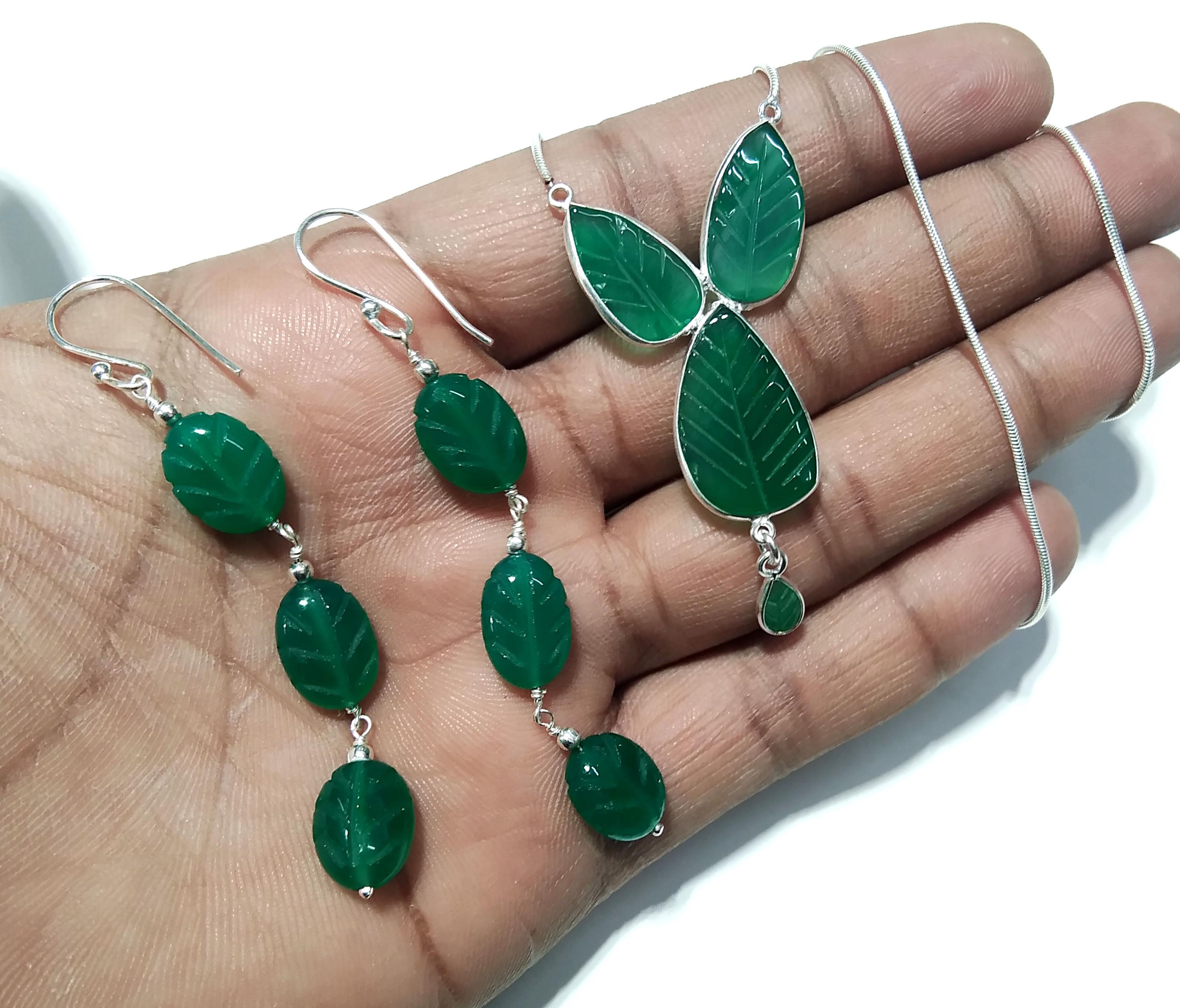 Natural Green Onyx Carved Gemstone Necklace & Earring Jewelry Set, 925 Starling Silver Necklace, Beautiful Onyx Carved Stone Gift For Her