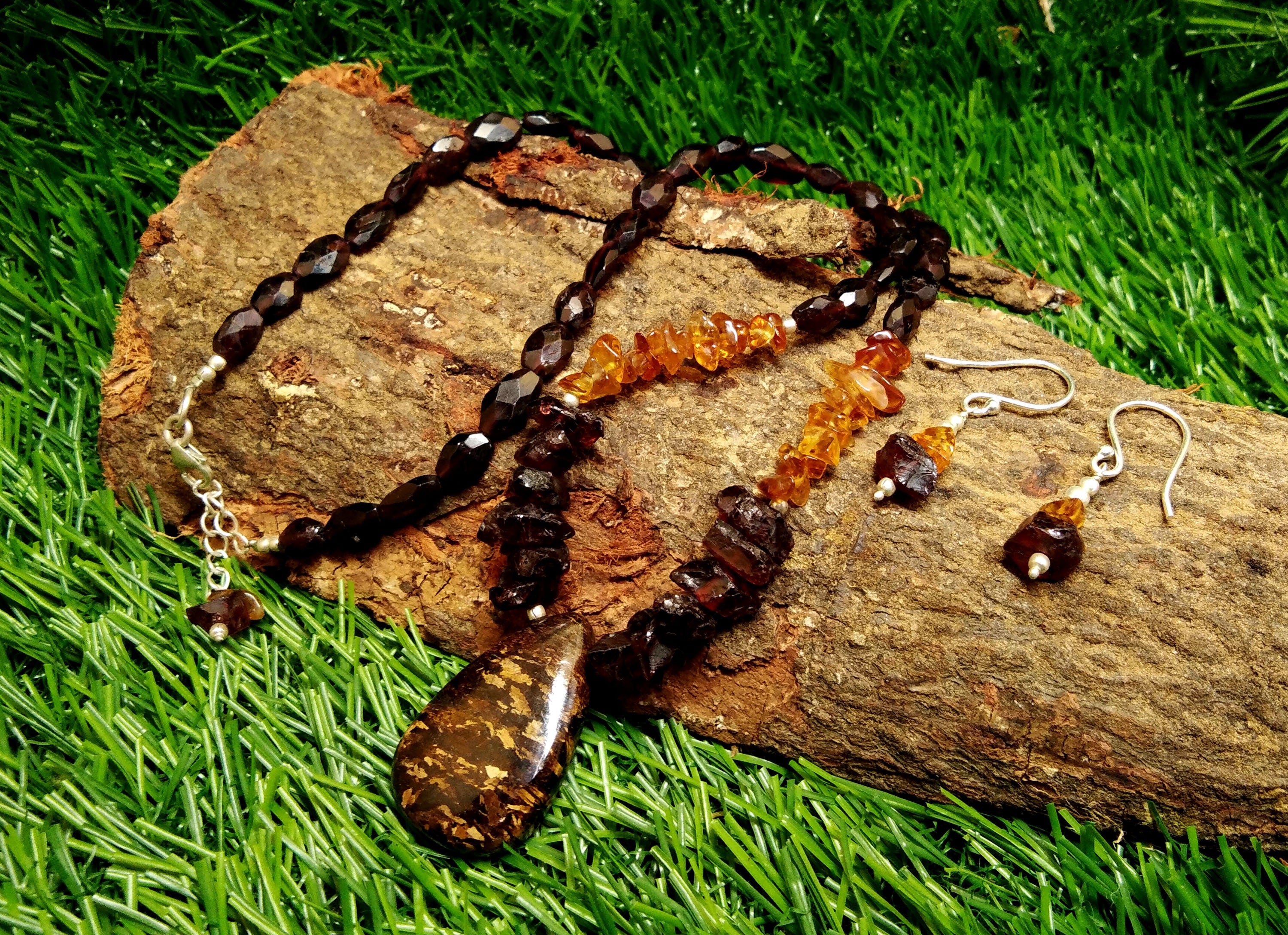 Natural Bronzite/Red Garnet Raw Gemstone Bead Necklace Set, 925 Sterling Silver Jewelry, Necklace/Earring Beaded Set's For Gift Jewelry