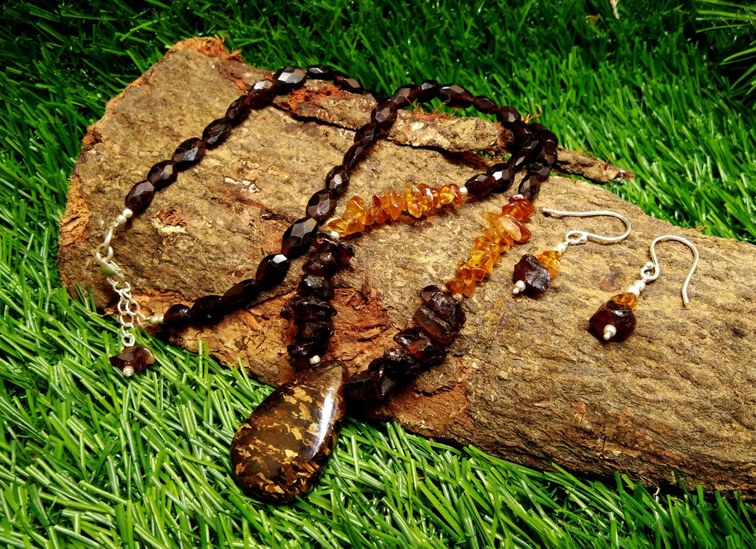 Natural Bronzite/Red Garnet Raw Gemstone Bead Necklace Set, 925 Sterling Silver Jewelry, Necklace/Earring Beaded Set's For Gift Jewelry